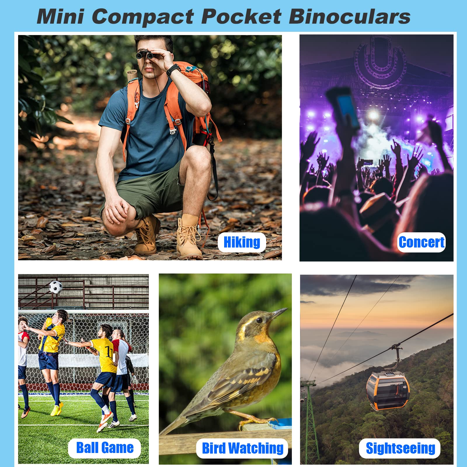 Anourney 8X21 Mini Compact Pocket Binoculars, Lightweight Foldable Easy Focus Small Binoculars For Adults Kids Bird Watching,Opera Concert, Travel, Hiking, Outdoor Scenery, Football Game