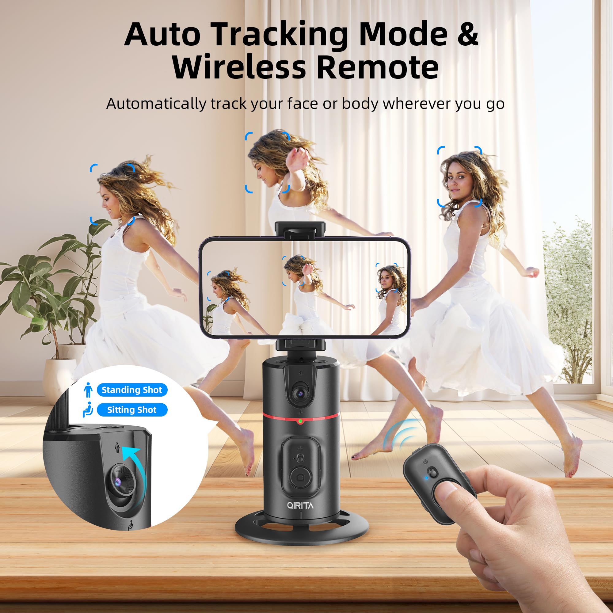 Qirita Auto Face Tracking Phone Holder, Magnetic Face Tracking Tripod 360 Rotation With Stand & Remote, Face Body Phone Tracking Tripod, No App, Smart Shooting Camera Mount For Live Video Recording Tiktok