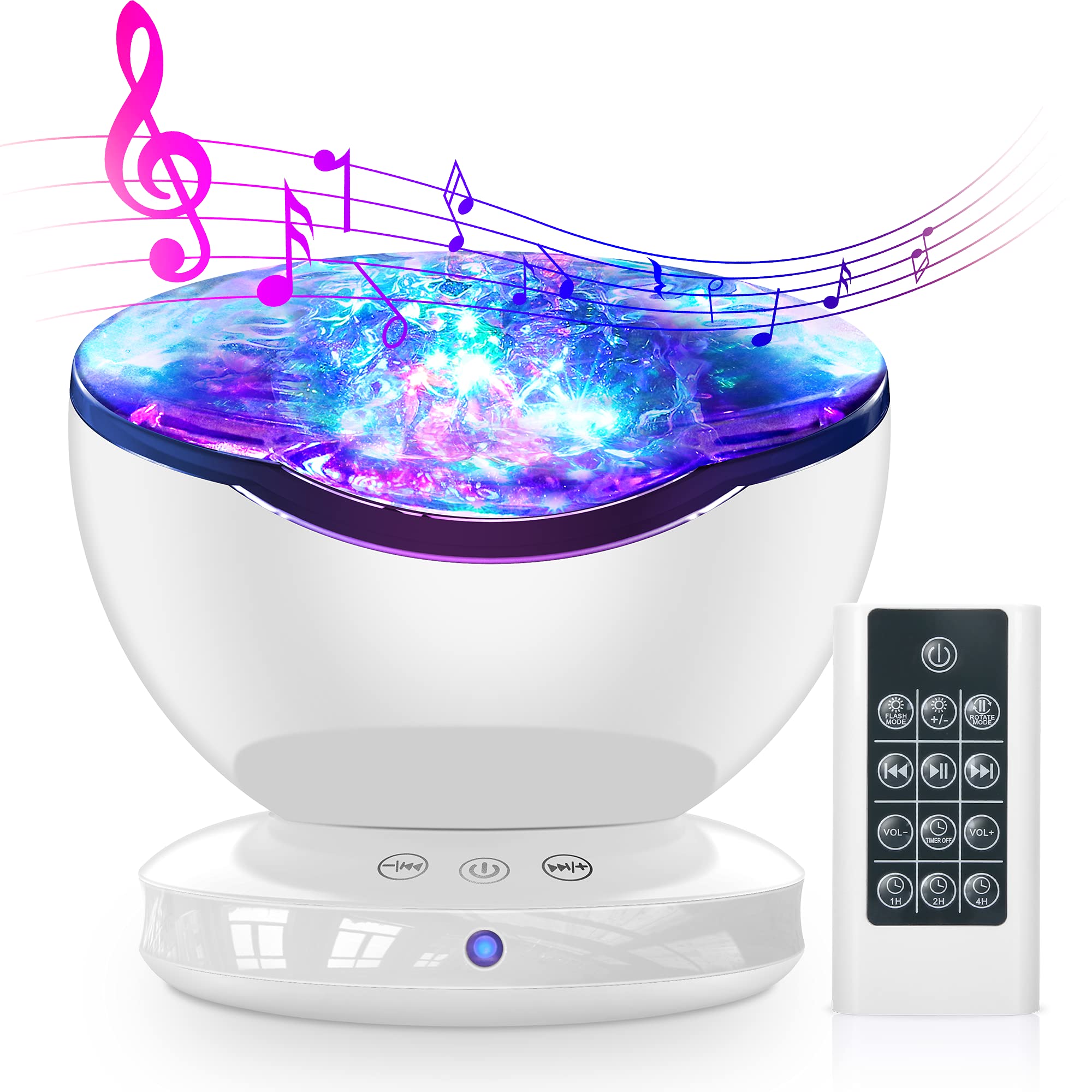 Wiwiwon Ocean Wave Projector, 12Led Night Light Projector, 8 Color Changing Music Night Light Lamp With Remote Control Timer Setting Light Show For Kids Adults Bedroom Living Room Decor（Snow White）