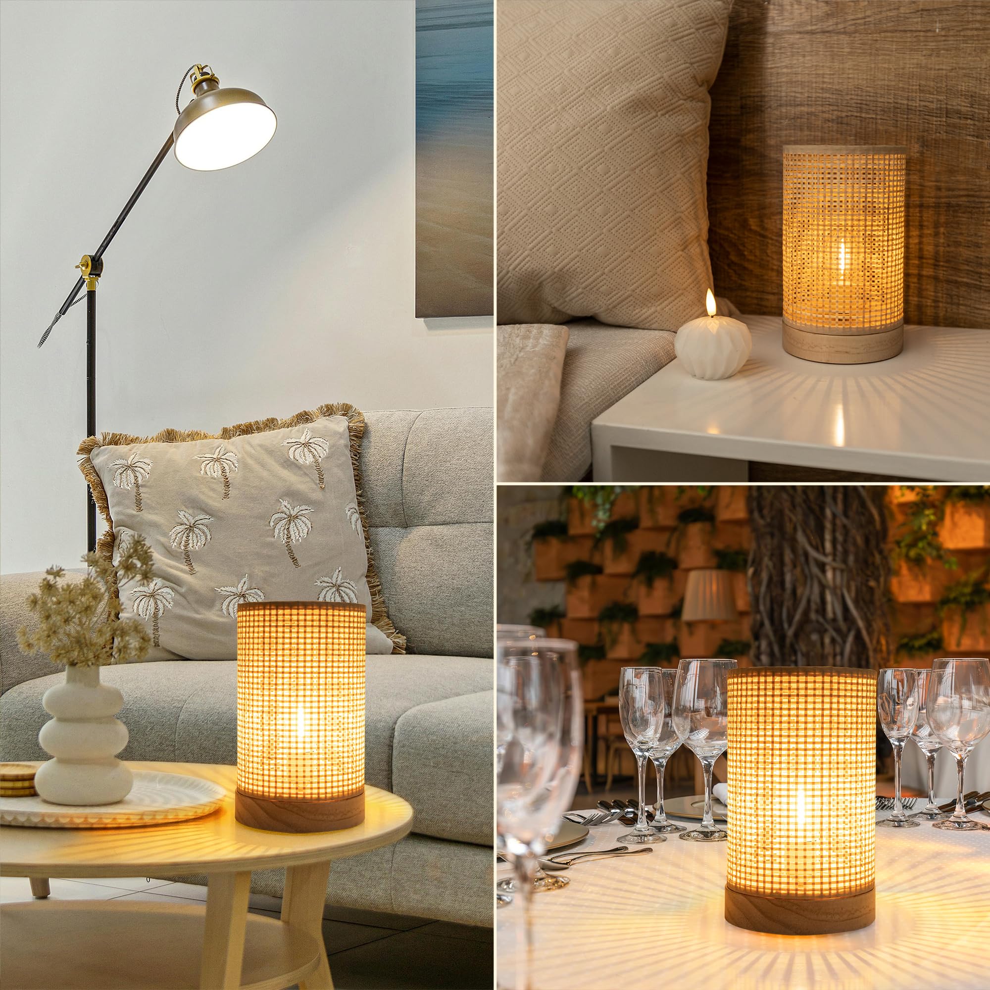 Lusharbor Battery Operated Lamp With Timer, Rattan Boho Table Light Battery Powered Beside Lamps Small Cordless Lamp For Kids Room Entryway Home Decor