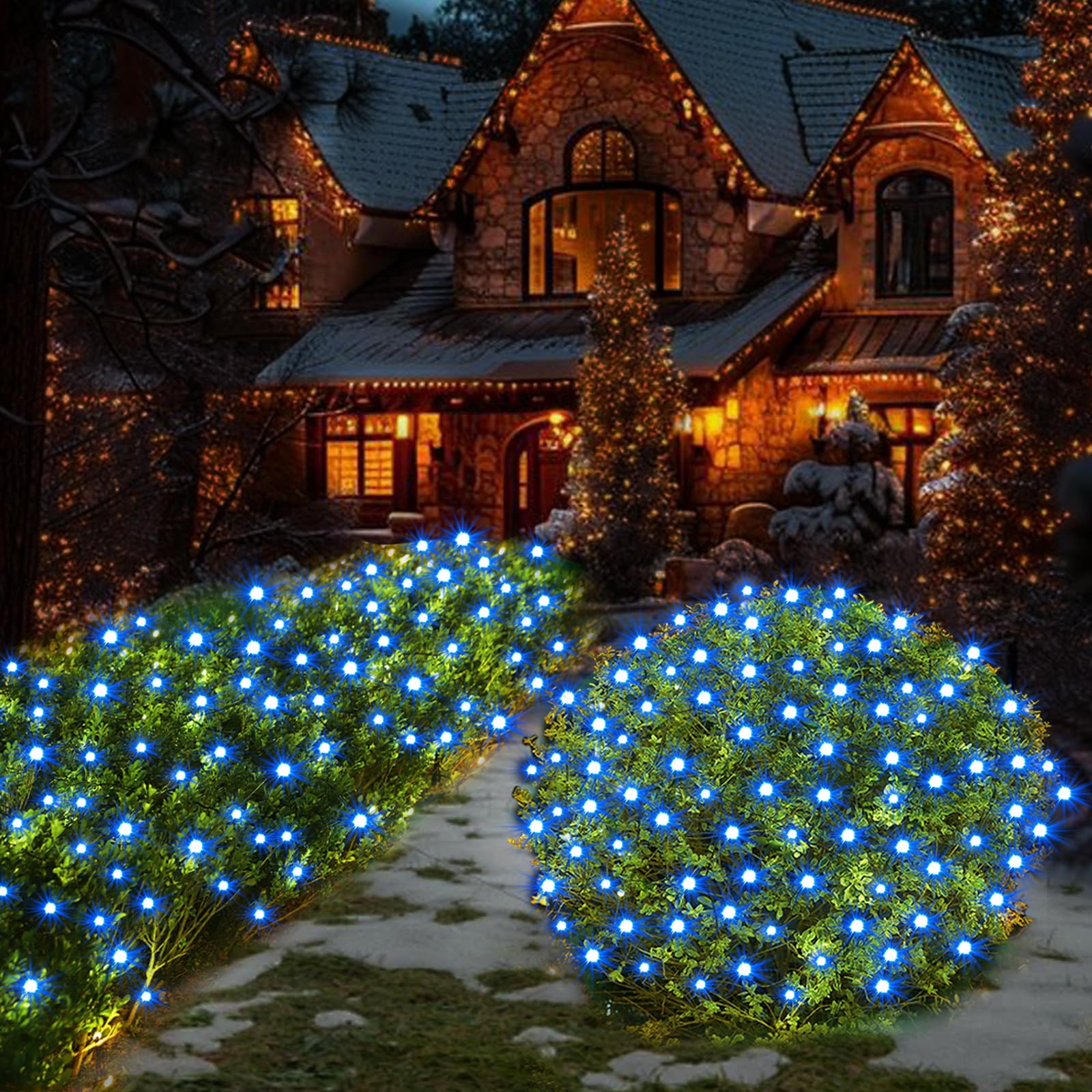 Wabarle Solar Christmas Net Lights Outdoor, 100Led 5Ftx5Ft Mesh Lights With Remote, 8 Modes Connectable, Waterproof For Bushes & Outdoor Decor (Blue)