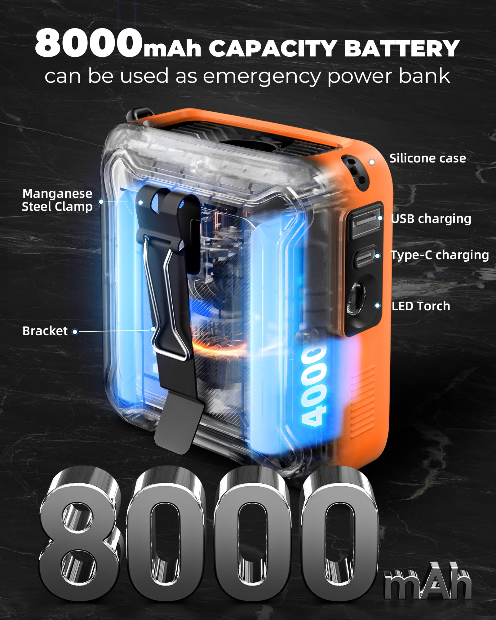 Portable Waist Fan Clip On Belt Under Shirt W/Led Display & Flashlight, 8000Mah Battery Powered