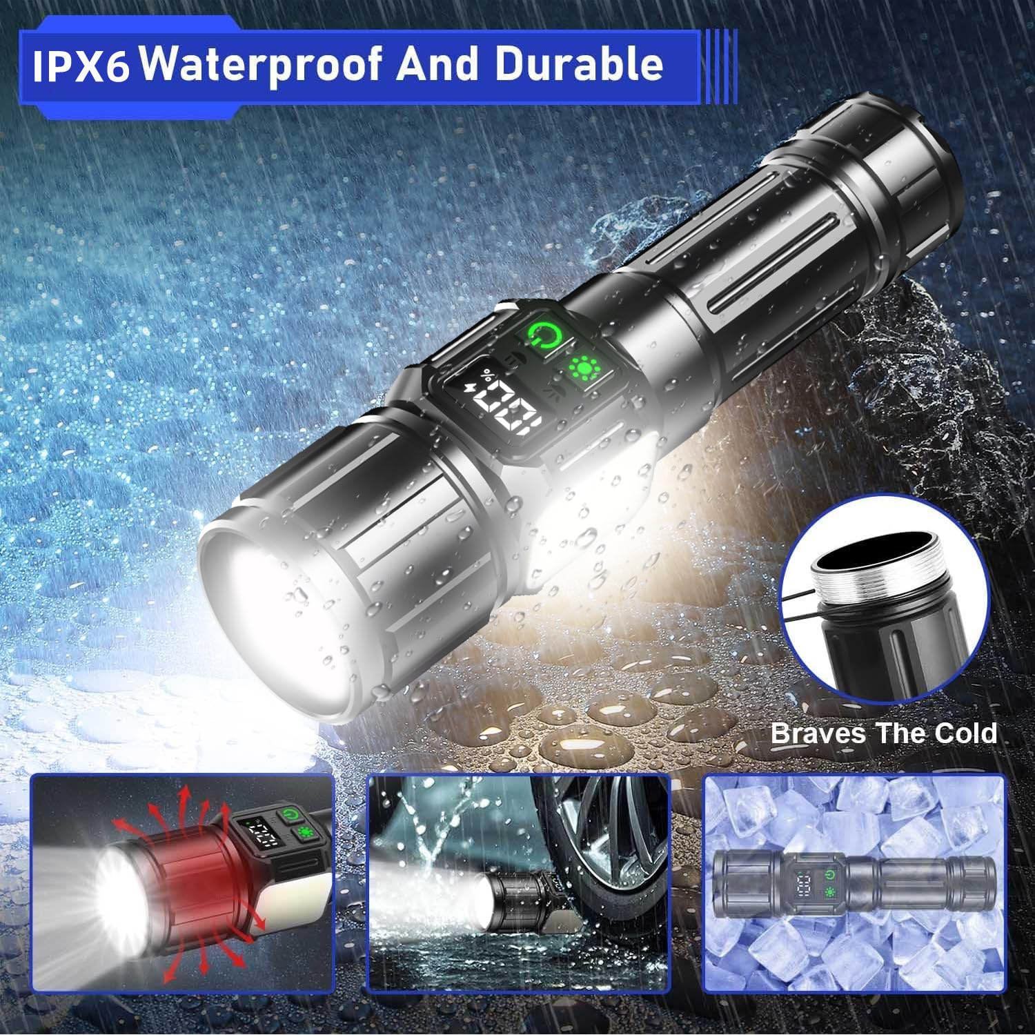 Aiersen Rechargeable Flashlight, 900000 Lumens Ultra Bright Flashlight, Equipped With Lcd Digital Display And Side Lights, 7 Modes, With 5000Mah Battery, Used For Outdoor Camping Handheld Led Flashlight