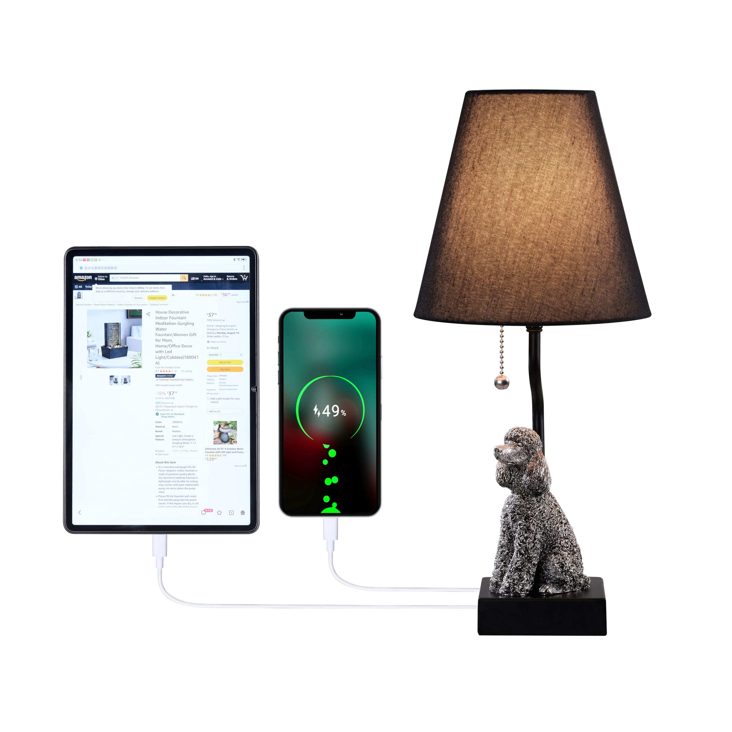 Jjdqb Portable Poodle Table Lamp With Usb-C & Usb-A Charging Ports, Black Fabric Shade & Dog Figurine Base, Nightstand/Bedside Lamp With Pull Chain Switch – For Dog Lovers 24094