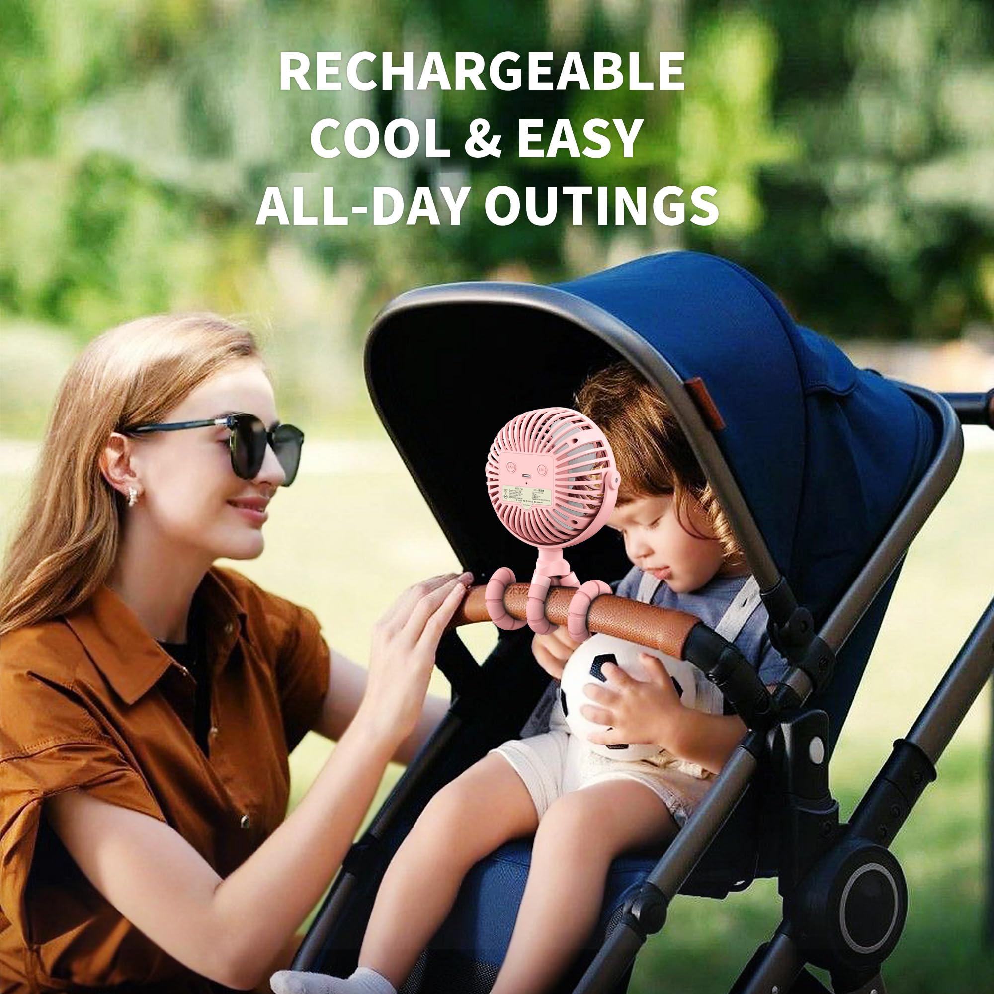 Clip-on Amacool stroller fan with flexible tripod, 3 speeds, and rotatable for cooling during outdoor adventures