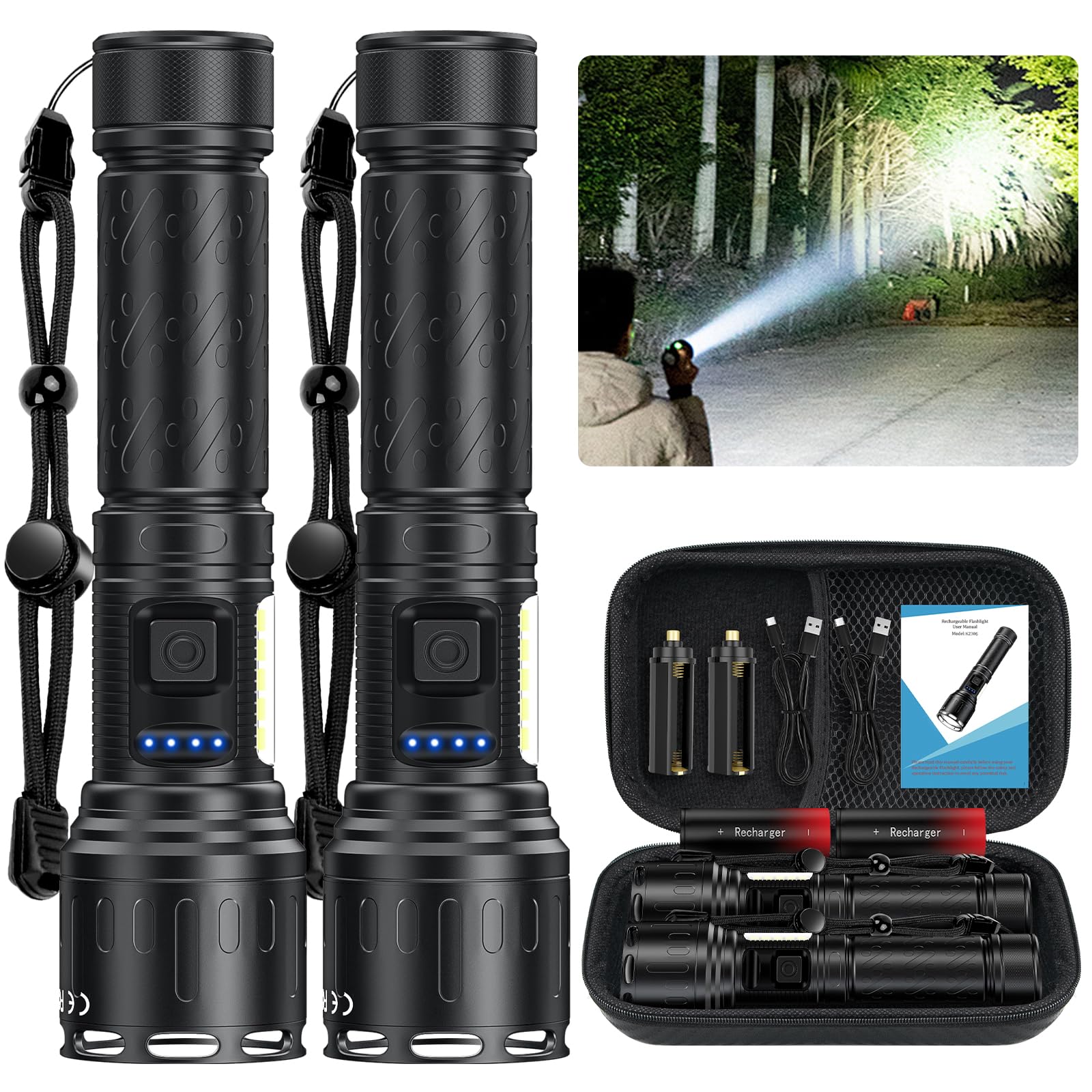 Banral Rechargeable Magnetic Flashlights 100,000 High Lumens, Super Bright Led Powerful Flashlight 8 Modes With Cob Work Light, Waterproof Handheld Flash Light For Camping (2 Pack With Leather Box, Black)