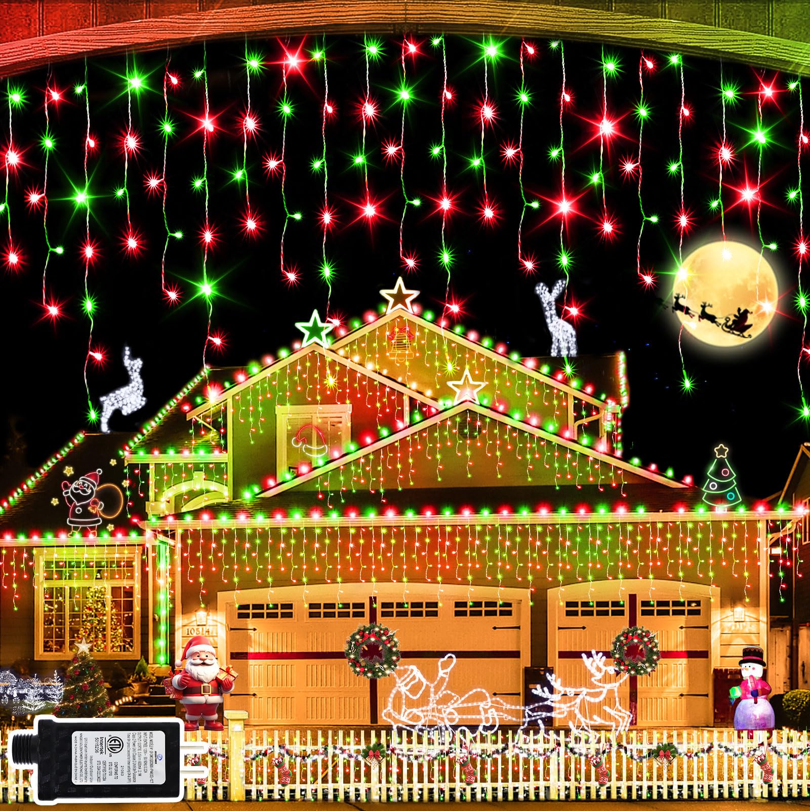 Jxledayy 65 Ft 640 Led Christmas Lights Outdoor Decorations Clear Wire String Lights Plug In 120 Drops 8 Modes Memory Timer Curtain Fairy Lights Waterproof For Holiday Wedding Party-Red And Green
