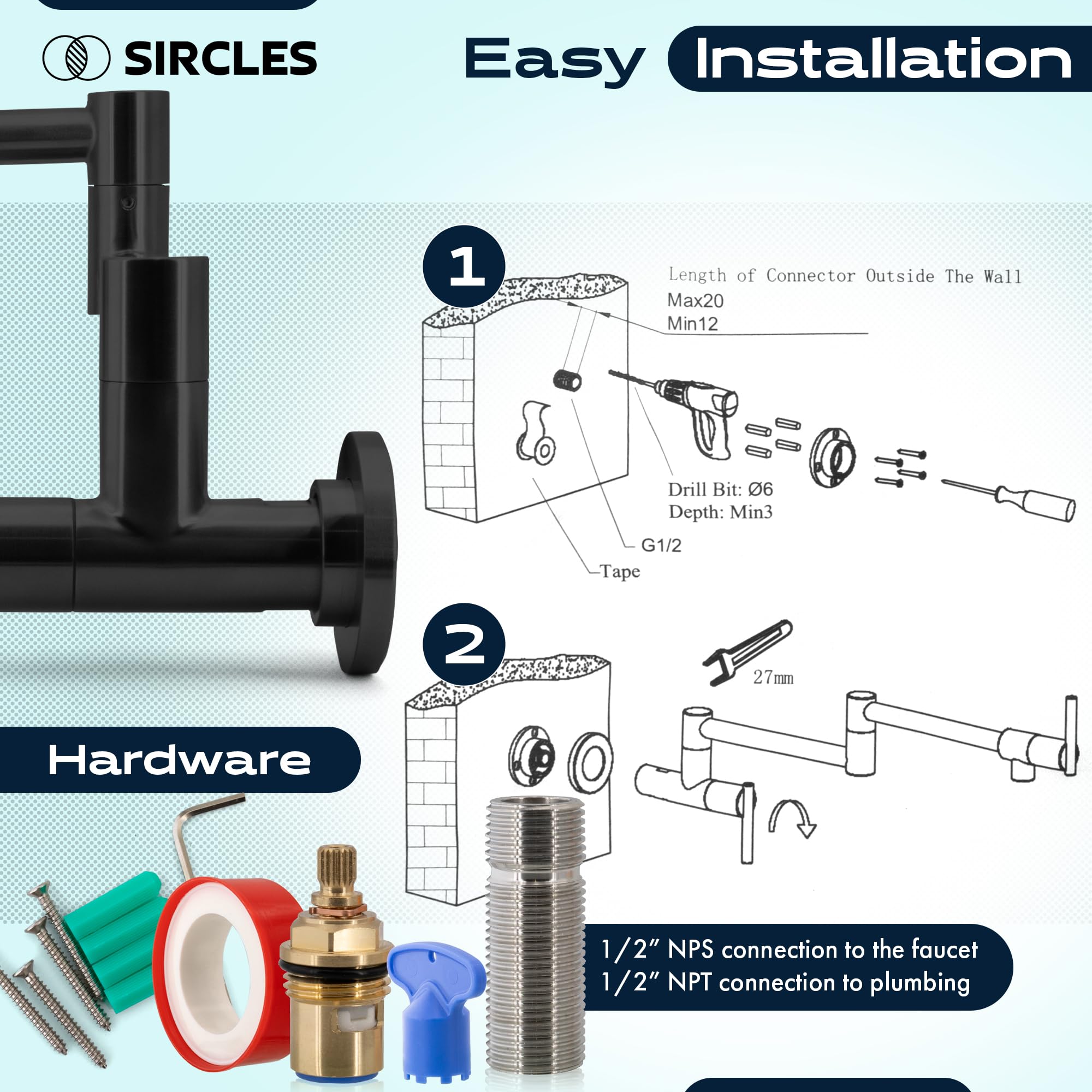 Sircles Pot Filler Faucet - Matte Black Finish - Extra Long 26-Inch - Wall Mount Stainless Steel - Dual 360° Swing Joints - Teflon Tape & Extra Cartridge Included