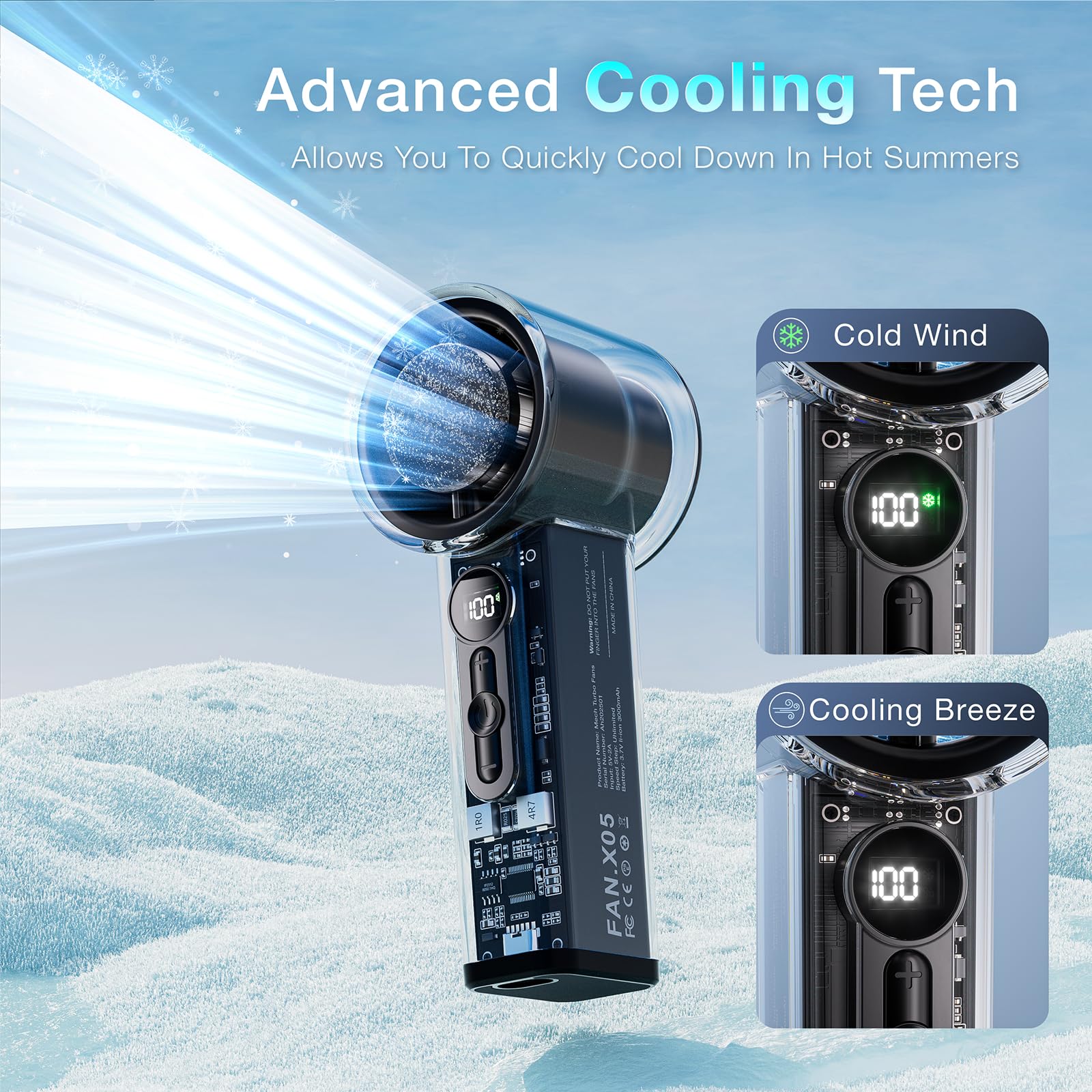 Handheld Portable Trubo Fan For Ice Cooling - 1-100 Adjustable Powerful Mini Cooling Personal Fan