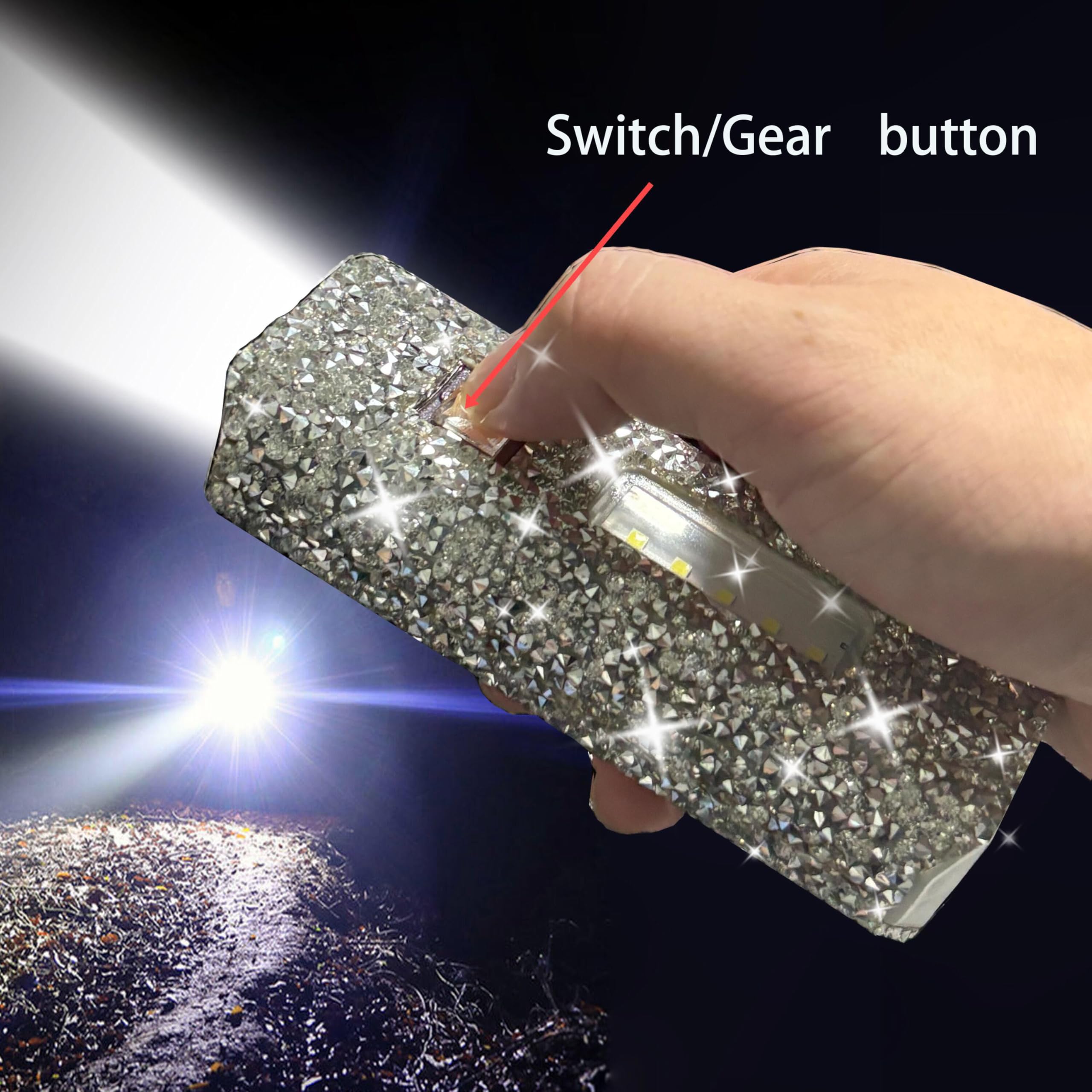 Caizishen Silver Diamond Decor Flashlight For Women - Glitter Rhinestone, Cute And Sparkly For Camping Essentials