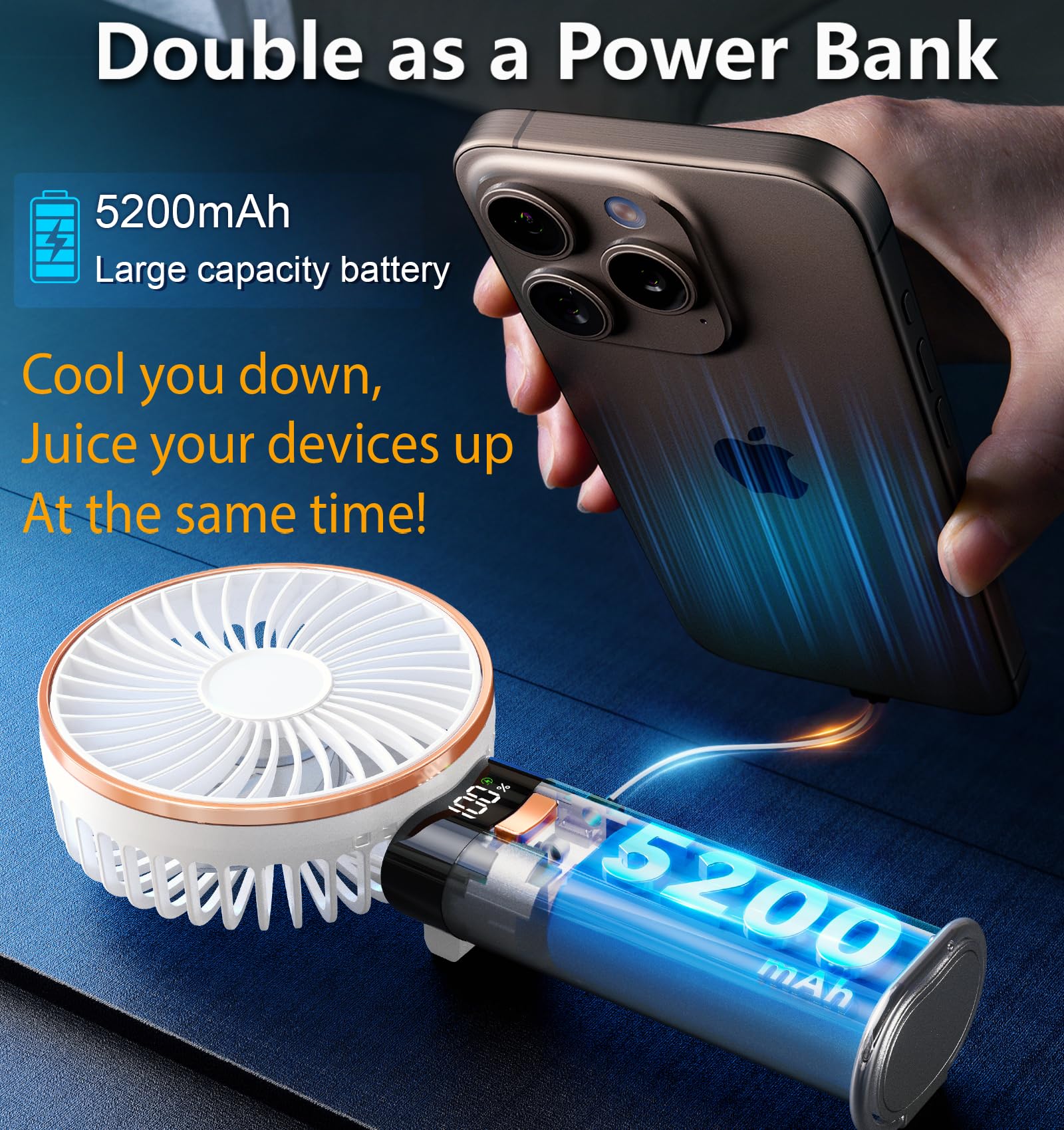 Beyyon handheld fan with 5200mAh battery, metal handle, 6-speed settings, and 180° adjustable design for personal cooling