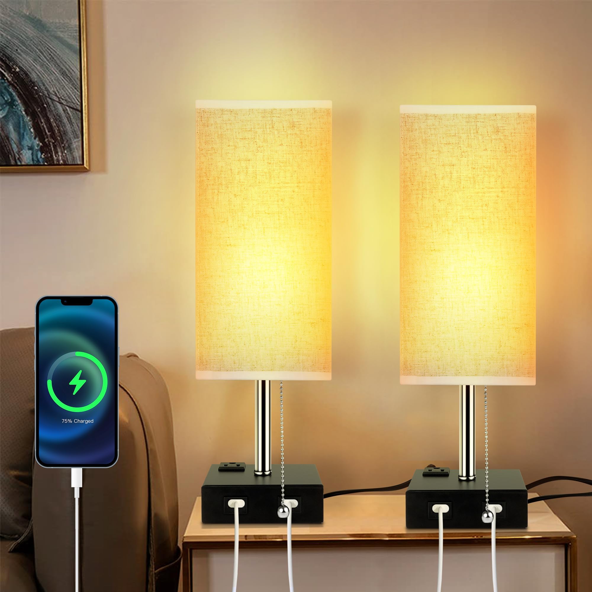 Rytabee Bedside Table Lamp,3000/4000/5000K Small，Nightstand Lamp With 3 Color Modes By Pull Chain，Small Nightstand Lamp For Bedroom,Living Room,Office(Led Bulb Included)