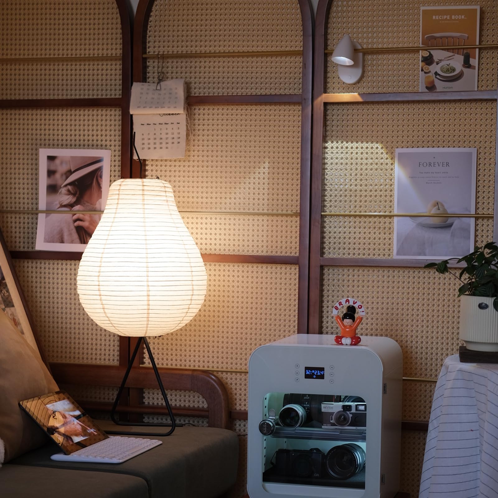 Fliopio Japanese Rice Paper Table Lamp - 3000K Bulb Included White Handmade Pear Noguchi Akari Lamps - Noggy Standing Paper Lantern With Wabi Sabi Shade For Bedroom Living Room 12.2"D X 12.2"W X 29.5"H