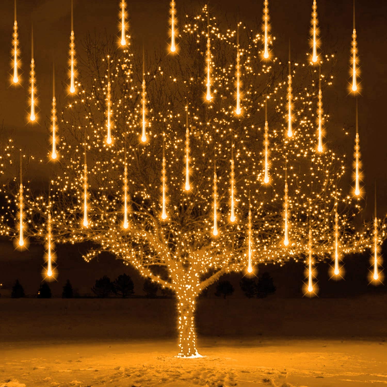 Funpeny Meteor Shower Rain Lights, 288 Led Icicle Snow Falling Christmas Lights, Outdoor Raindrop, Xmas Tree Holiday Decoration, Warm White