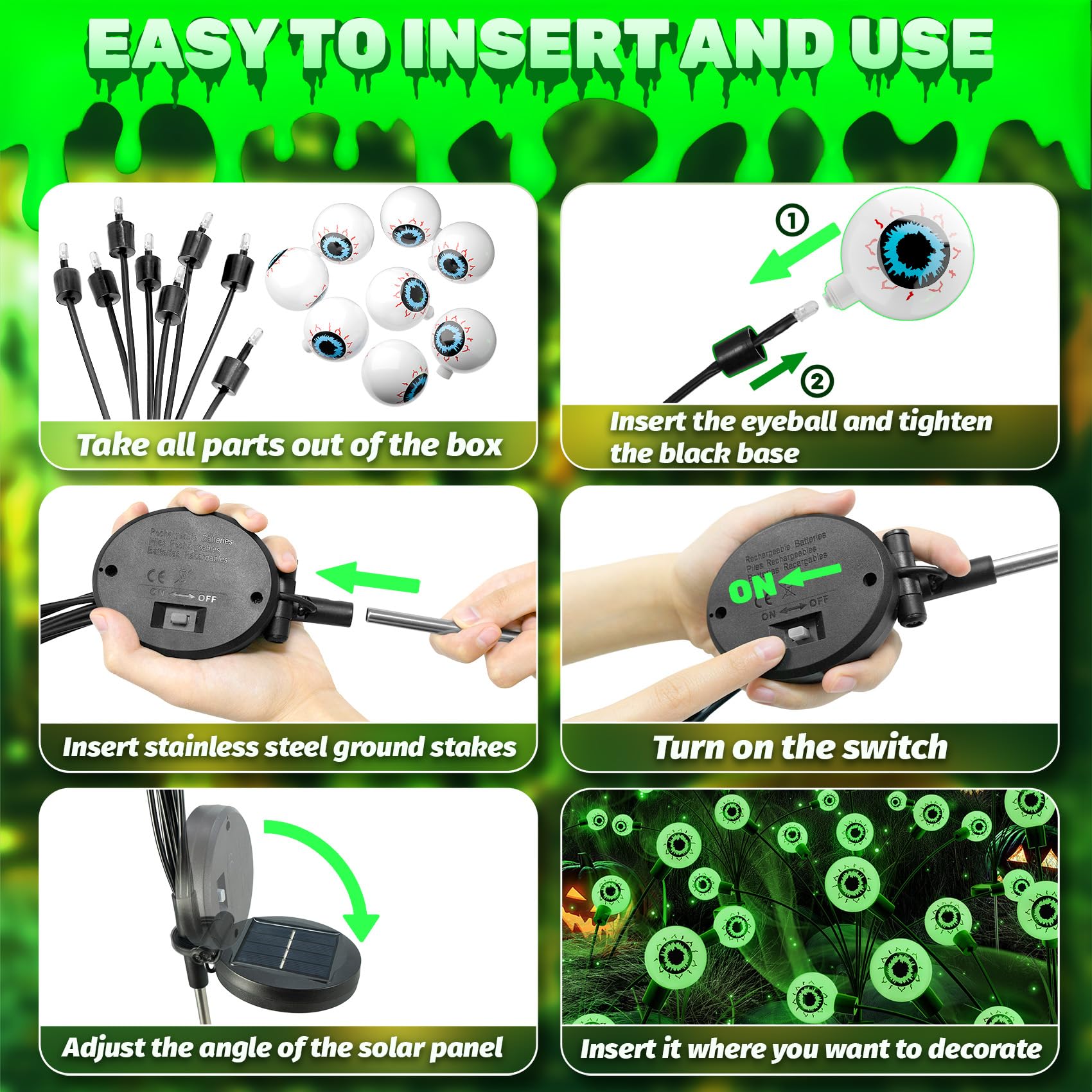 Ahongem Solar Halloween Lights Decorations Outdoor: 2 Pack 16Led Scary Eyeball Light Swaying For Yard Decor - Green Firefly Ghost Lighting Garden Lawn Pathway Party Outside Decorative