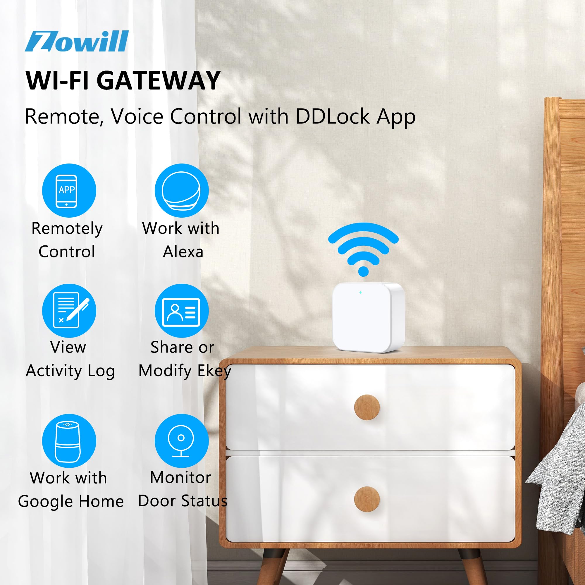 Zowill Smart Lock Wifi G2 Gateway, Remote Control & Management For Smart Door Lock Via Ddlock App, Wi-Fi Bridge Compatible With Alexa & Google Home For Voice Control
