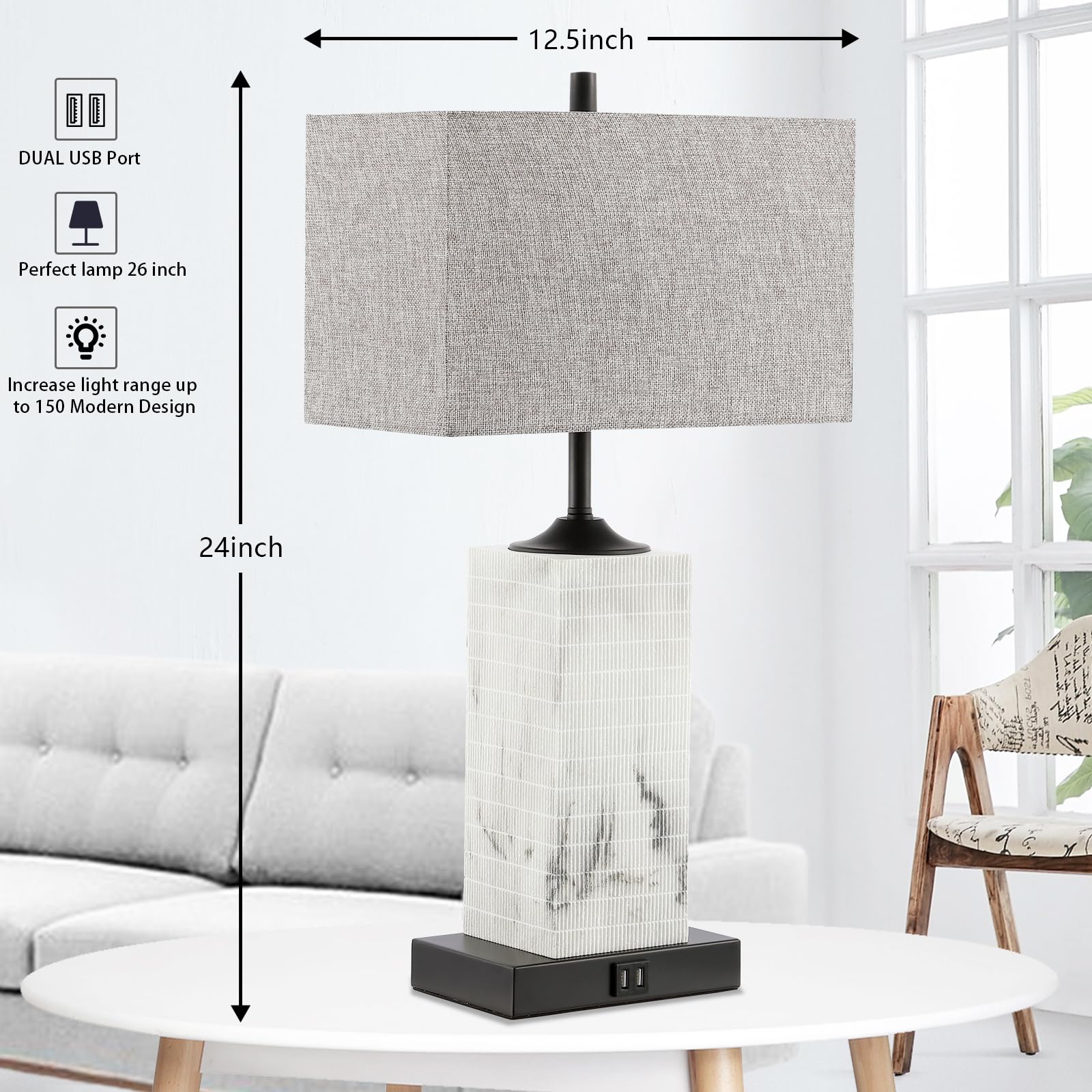 Vuaa Table Lamps For Living Room Set Of 2, Modern Bedside Lamps With Dual Usb Ports For Bedroom Nightstand, Large End Table Lamps With Grey Fabric Shades Minimalist Decor Marble Finish