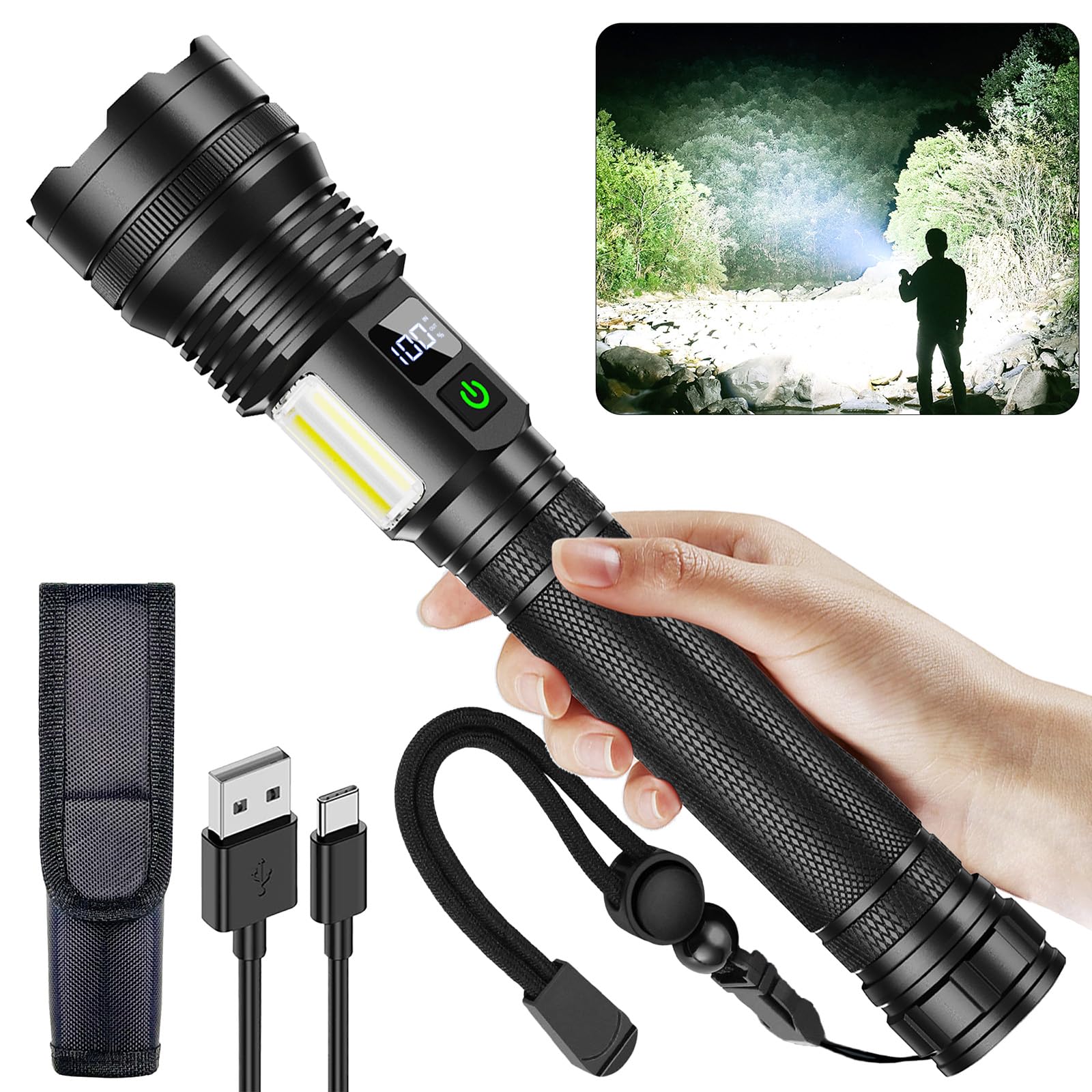 Kzk Rechargeable Led Flashlights High Lumens,990000 Lumens Super Bright Flashlight, With Cob Work Light & 10 Modes, Ipx67 Waterproof Handheld Flashlight, For Camping Emergencies Hiking Night Work