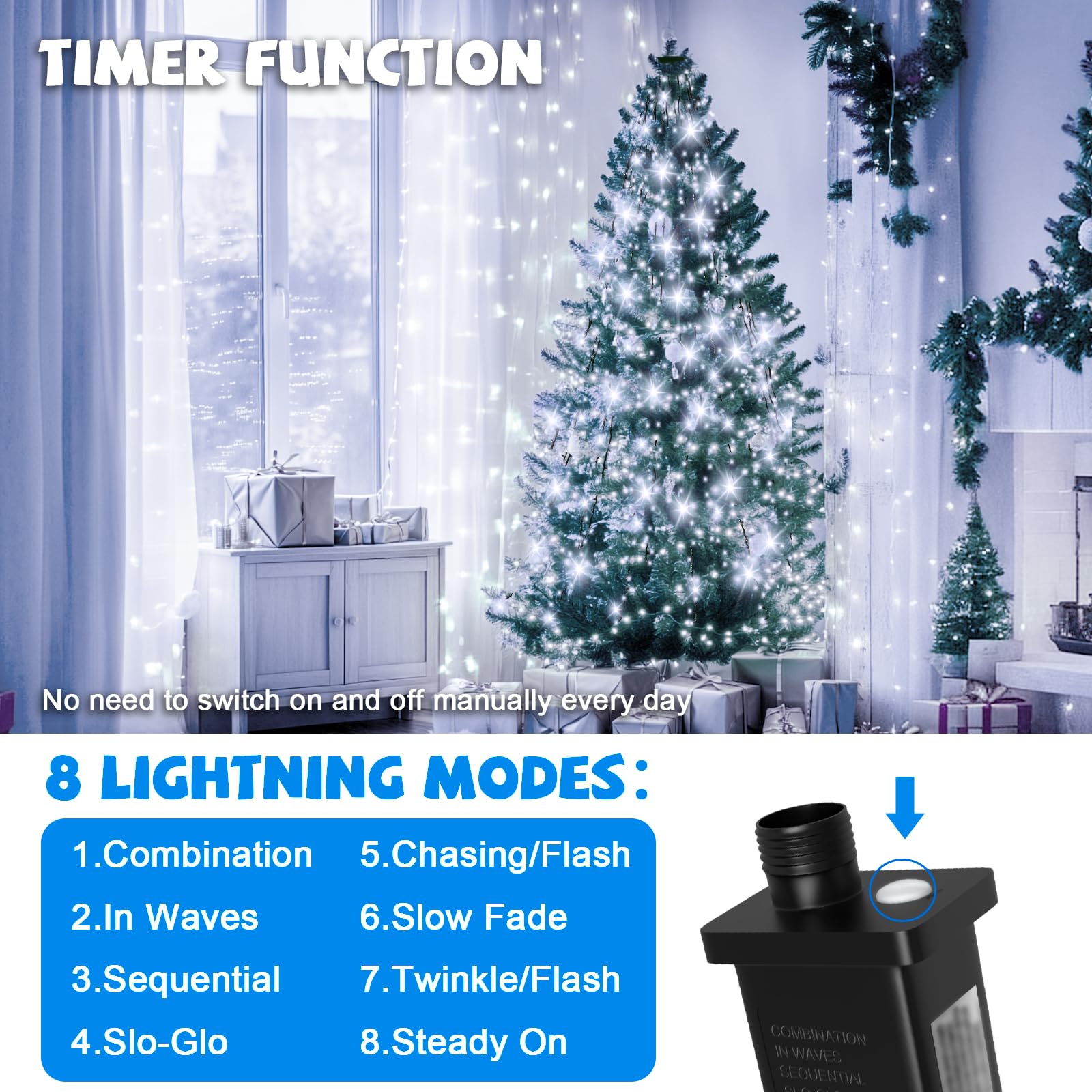 Ffzzkj 400 Led Christmas Tree Lights 8 Modes Christmas String Lights For Tree With Timer 6.6Ft X 16 Lines Lights String Waterproof Christmas Decorations Outdoor/Indoor With Memory Function, Cold White