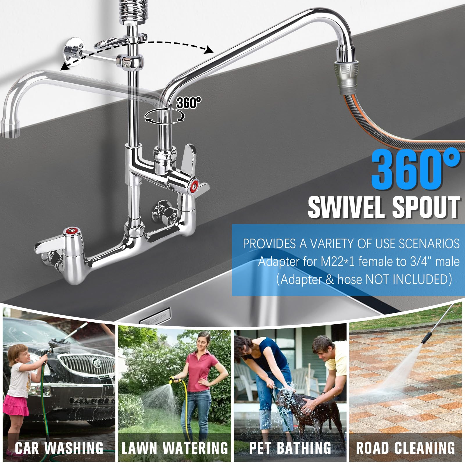 Bzimak 43" Commercial Sink Faucet,Commercial Faucet With Pre-Rinse Sprayer, 8" Adjustable Center & 360° 12Inch Swing Spout, Wall Mount C Ommercial Kitchen Fa Ucet With Sprayer For 1/2/3 Compartment Sink