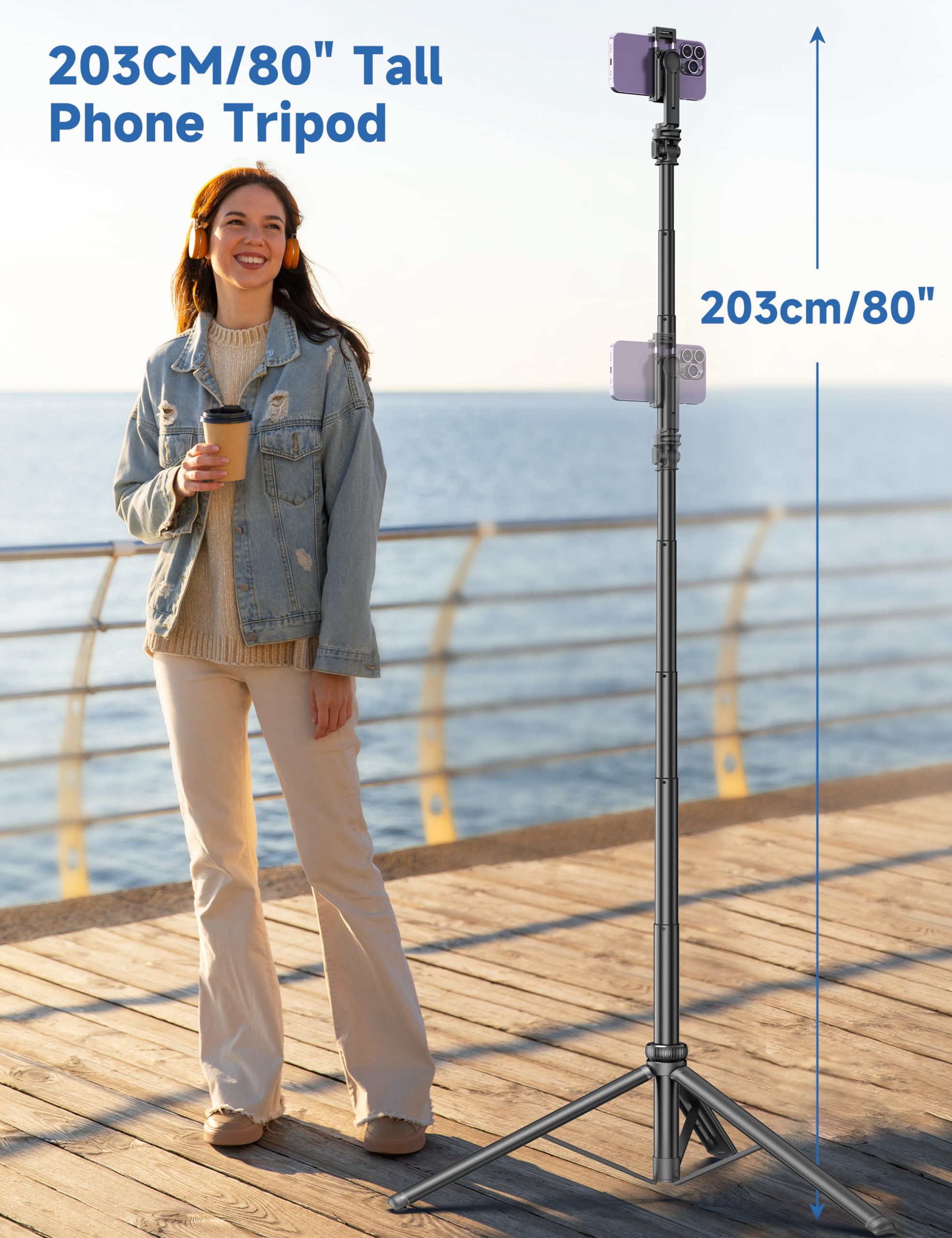 Selfieshow 75" Phone Tripod, Selfie Stick Tripod With Remote And Phone Holder, Extendable Tripod For Iphone, Aluminum Cell Phone Tripod Stand 360° Rotation Travel Tripod Compatible With Iphone Android, Gopro