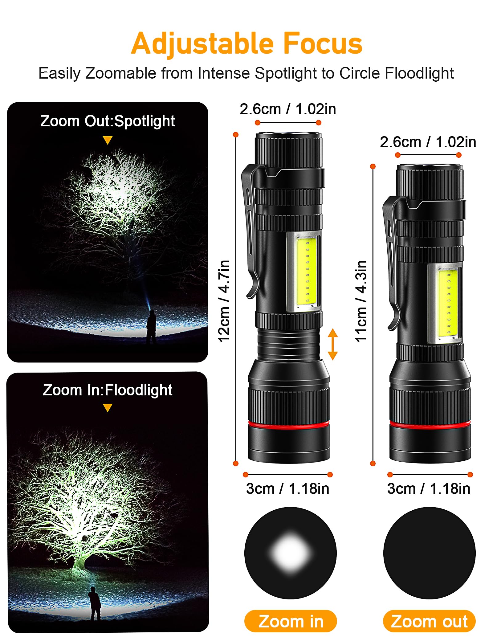 Plusinto Led Flashlight 1500 Lumens 2 Packs, Usb Rechargeable Torch Super Bright, Magnet And Clip, Cob Work Light, 3 Modes, Adjustable Focus Handheld Flashlight For Home, Dog Walking, Emergency
