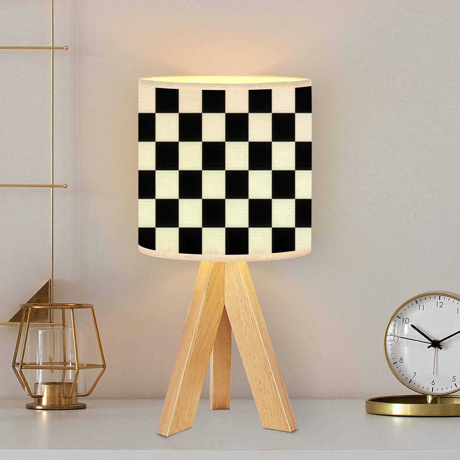 Oepwqiwepz Tripod Bedside Desk Table Lamp Black White Checkered Seamless Endless Racing Flag Texture Wood Nightstand Lamp With Linen Fabric Shade For Nursery Bedroom Living Room Kids Room
