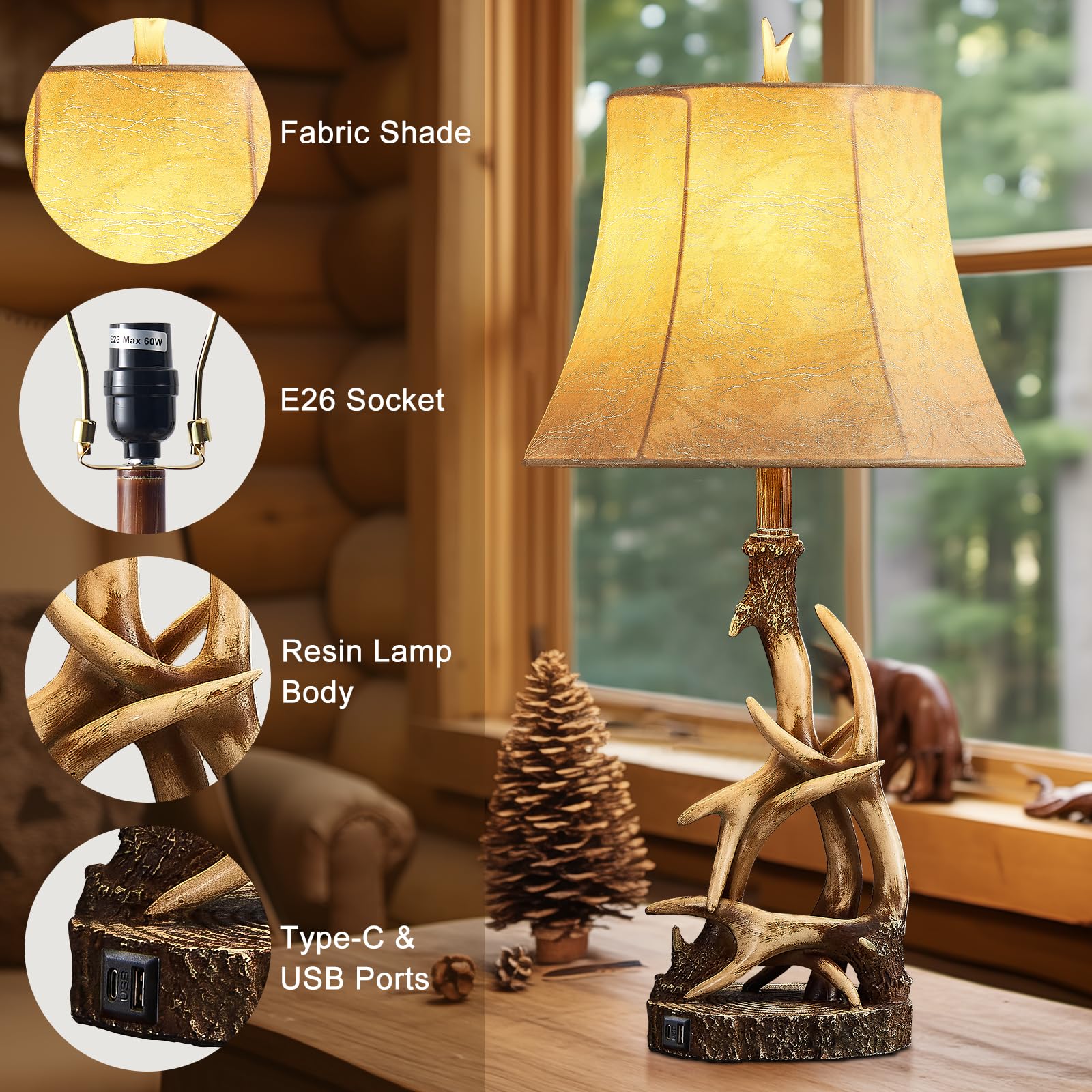 Huitico 27.25'' Rustic Antler Table Lamps For Living Room With Usb A + C Charging Ports Western Cabin Bedside Lamps For Bedroom Nightstand Lamps With Faux Leather Lampshade, Single, Bulb Not Included