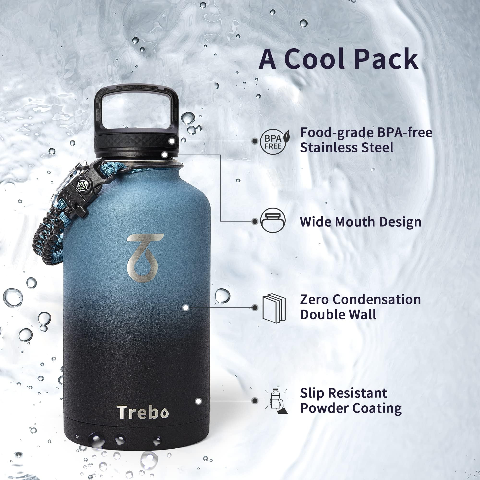 Trebo Water Bottle 64Oz With Paracord Handle, Half Gallon Large Vacuum Double Wall Stainless Steel