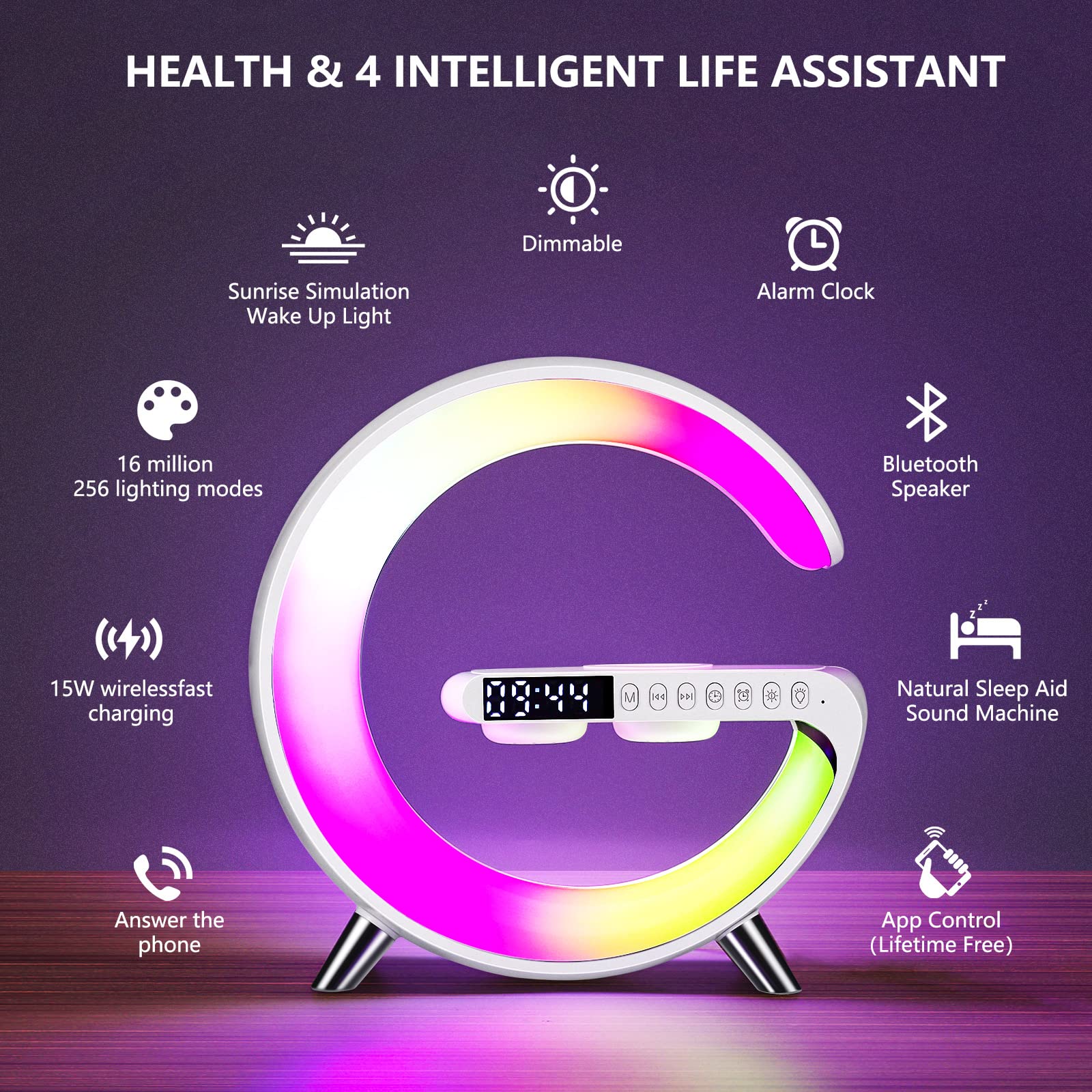 Blingbin Wireless Charger Atmosphere Lamp, Intelligent Led Table Lamp, Bluetooth Speaker, Dimmable Night Light Bedside Lamp Alarm Clock With Music Sync, App Control For Bedroom Home Decor (White)