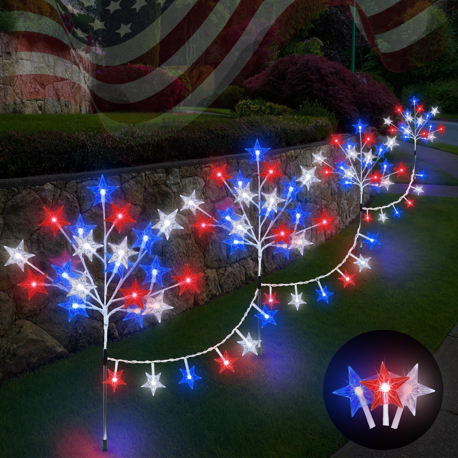 Kenburg 4Th Of July Decorations, 4 Packs Red White And Blue Stars Pathway Lights, 8 Modes Stake Light Patriotic Decor Outdoor Lights For Memorial Day Independence Day Yard Grave Garden Lawn