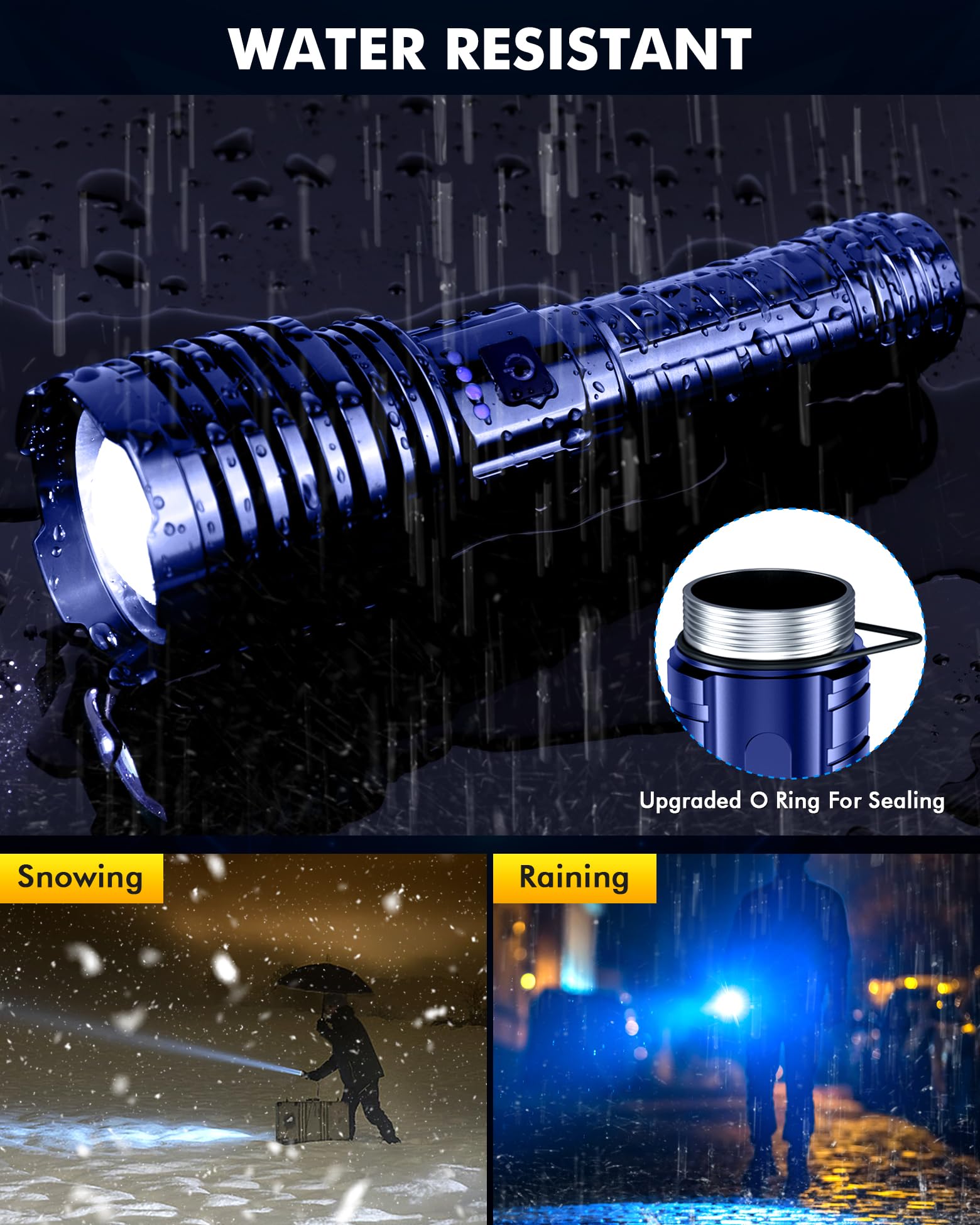 Baibian Super Bright Flashlight 2400000 High Lumens, Handheld Flashlight Rechargeable Powered By Battery, Led Waterproof Tactical Flashlights-Zoomable 5 Modes-31H Runtime-Holster For Emergency Camping (Blue)