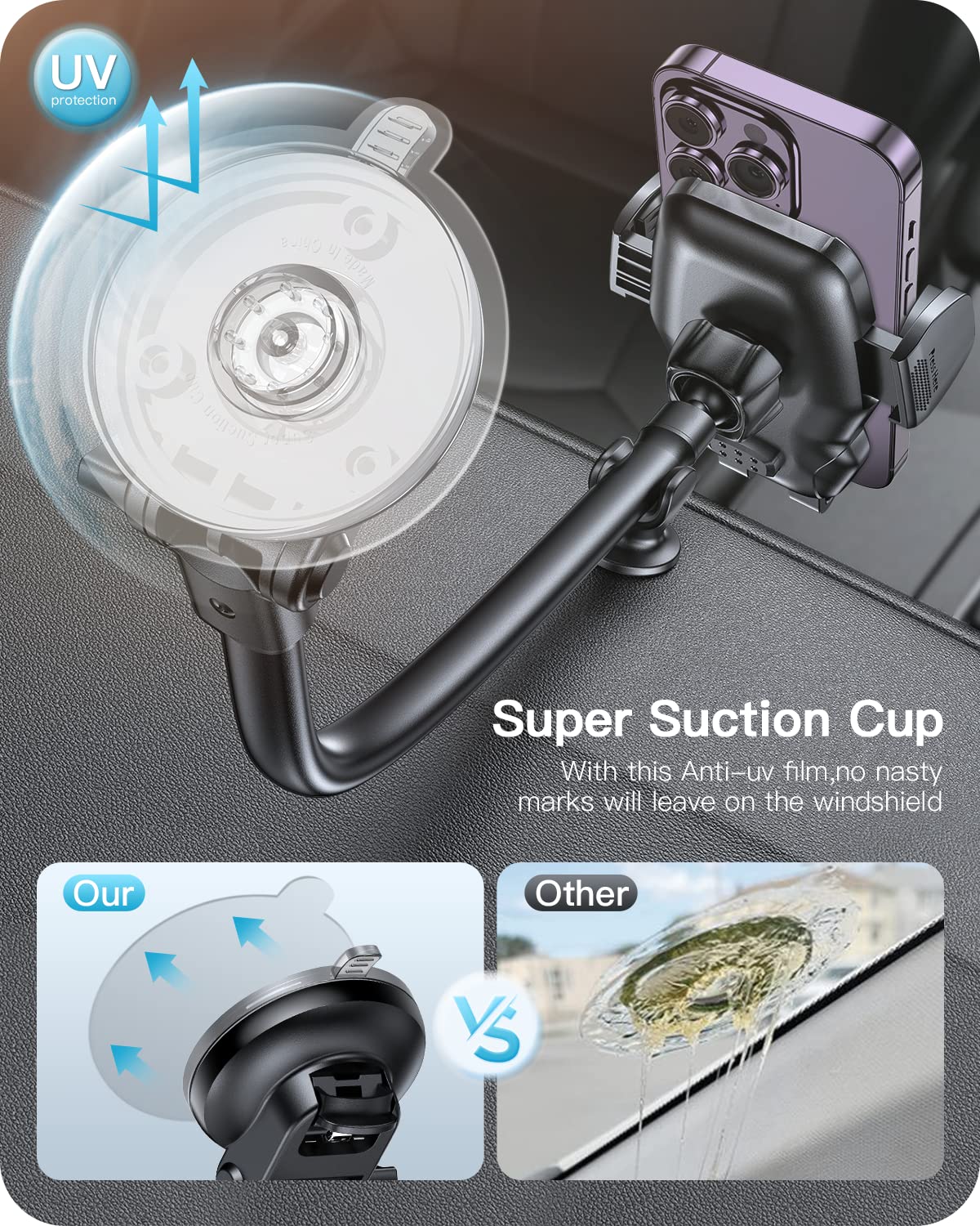 Apps2Car Car Phone Holder Mount Gooseneck Dashboard Windshield Suction Cup Phone Mount Anti-Shake Stabilizer Phone Car Cradle Compatible With All Cellphones & Thick Phone Case-H3S Carbon Fiber Style