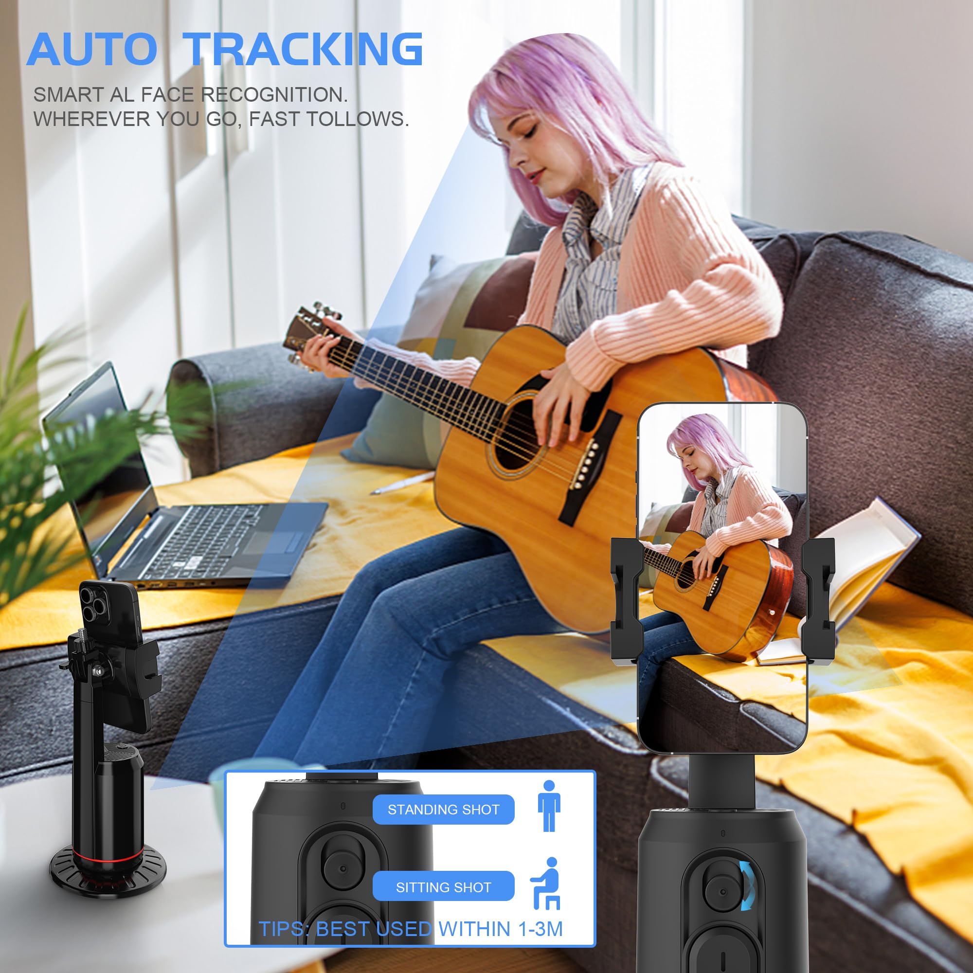 Eug-Products Auto Face Tracking Phone Holder For Phone, Gopro, Compact Camera, 360° Rotation Mount With Remote Compatible With Tripod, Rotating Stand For Iphone For Vlog, Streaming, Video, Facetime, Tik Tok