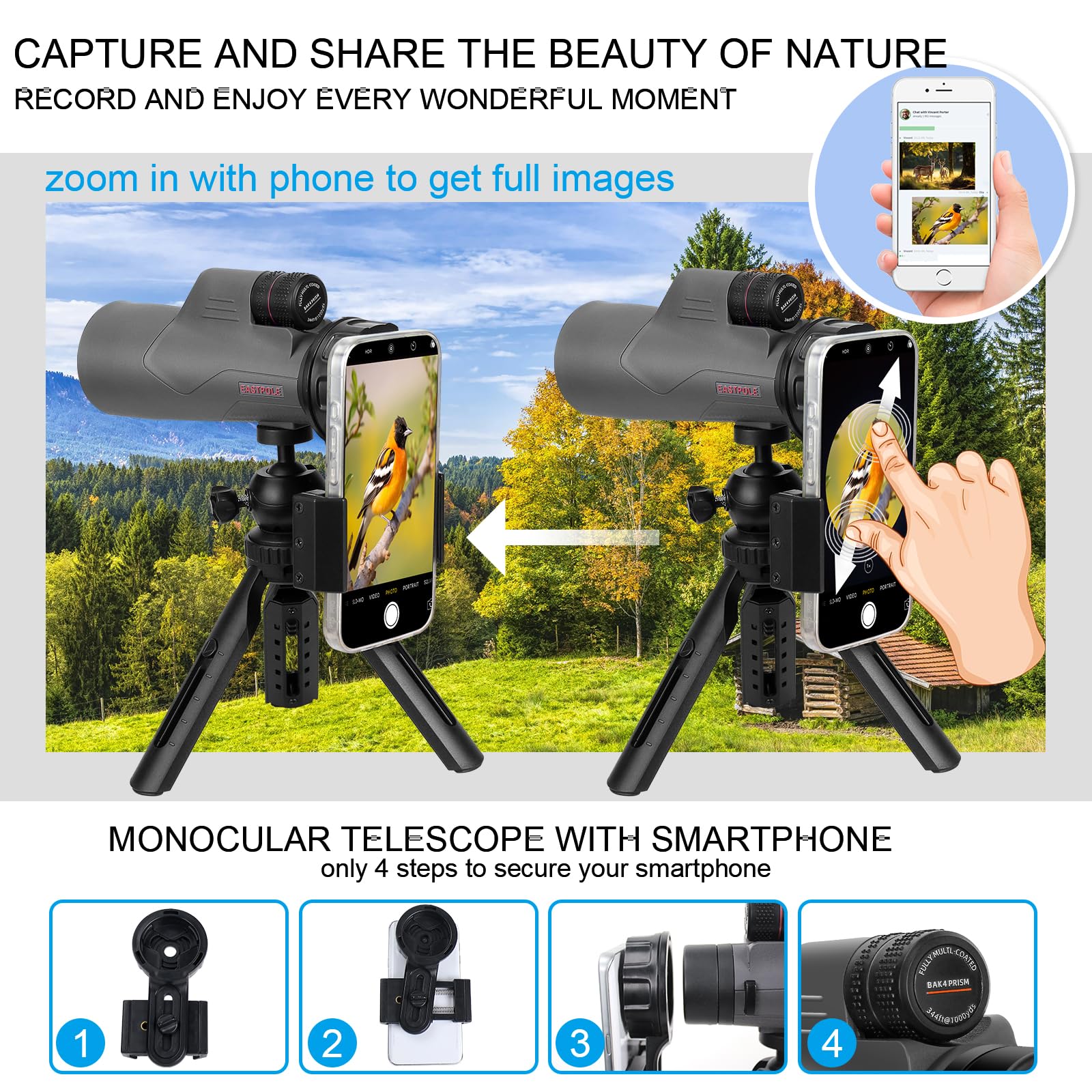 Eastpole 15X56 Monocular Telescope For Bird Watching Hiking Camping Wildlife Viewing, Adjustable Eyecup, Fully Multi-Coated Lenses, Rubber Armor, Non-Slip Grip, Fogproof, Waterproof
