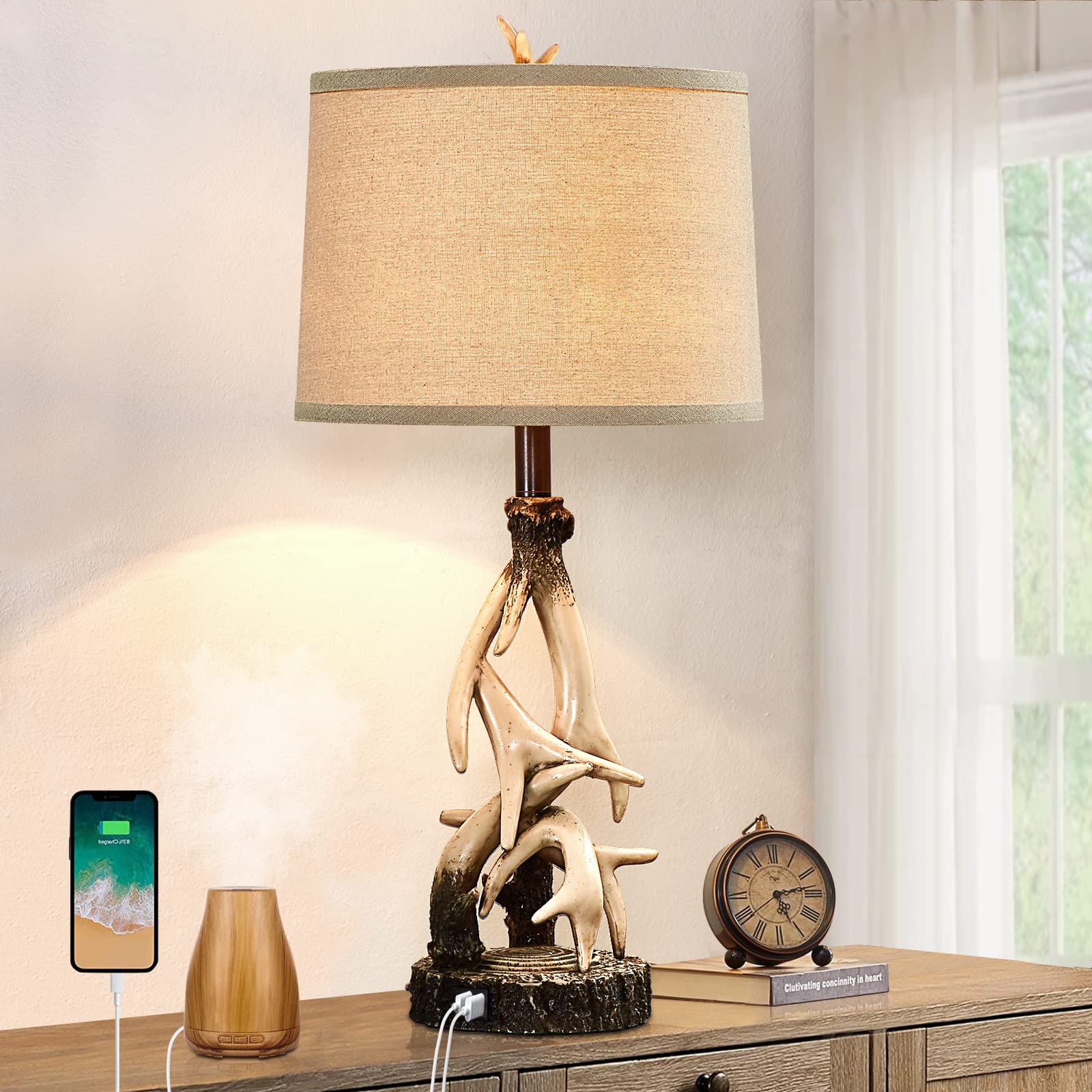 Huitico 28" Farmhouse Table Lamp For Living Room, Western Rustic Lamp With Usb Charging Ports Country Cabin Bedside Antler Lamps For Bedroom Foyer Office Vintage Rotary Control Single Brown- Bulb Not Included
