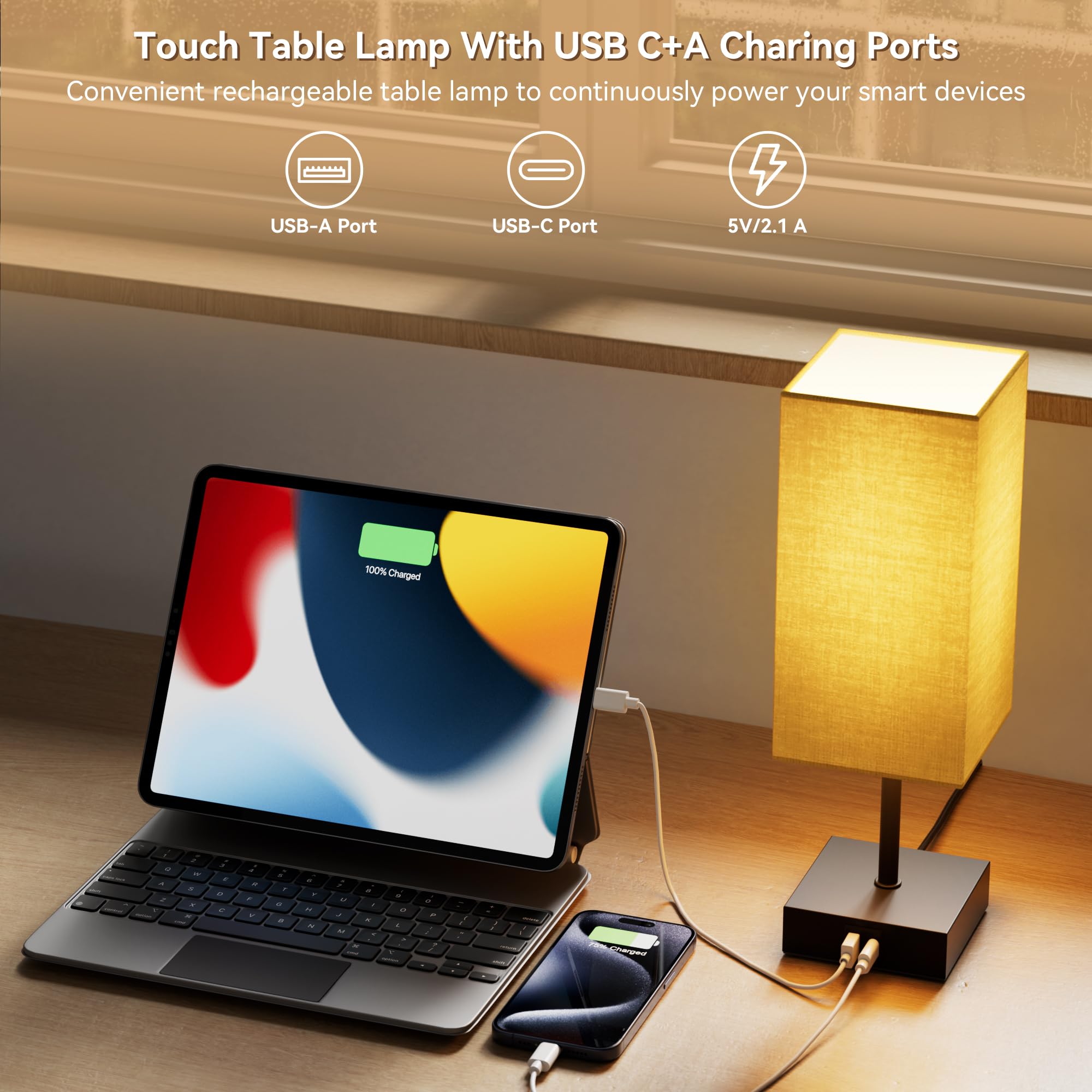 Golspark Bedside Lamps Set Of 2, Table Lamp For Living Room Usb C Usb A Charging Ports, 3 Way Dimmable Nightstand Lamps, Beige Lamp Shade Touch Lamps For Bedrooms Led Bulb Included