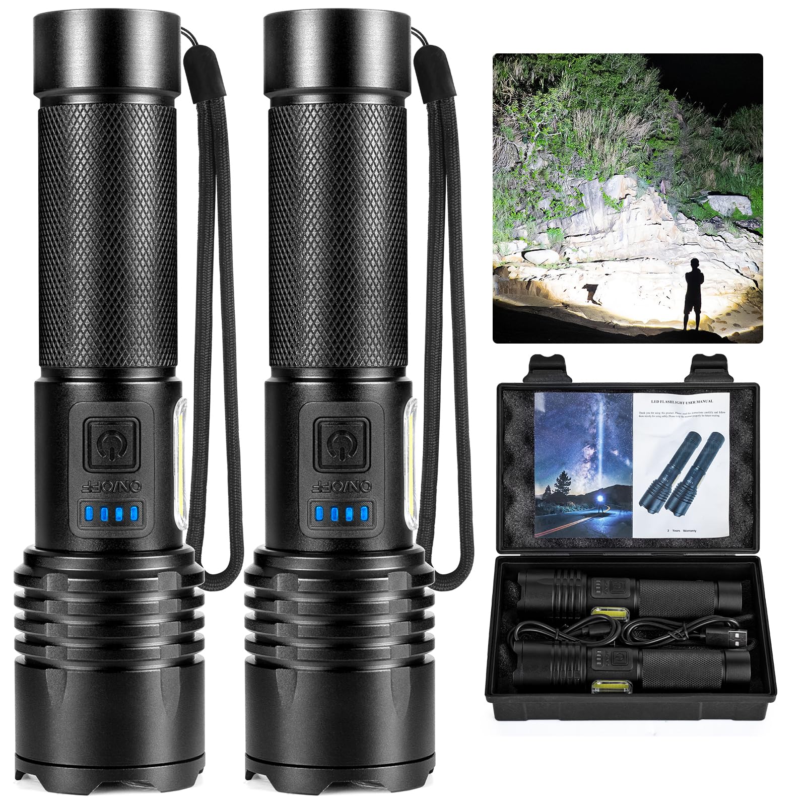 Bercol Flashlights High Lumens Rechargeable, 990,000 Lumens Super Bright Led Flashlight, 7 Modes Brightest Powerful Flash Light With Cob Light, Ipx6 Waterproof Handheld Flashlights For Camping Home