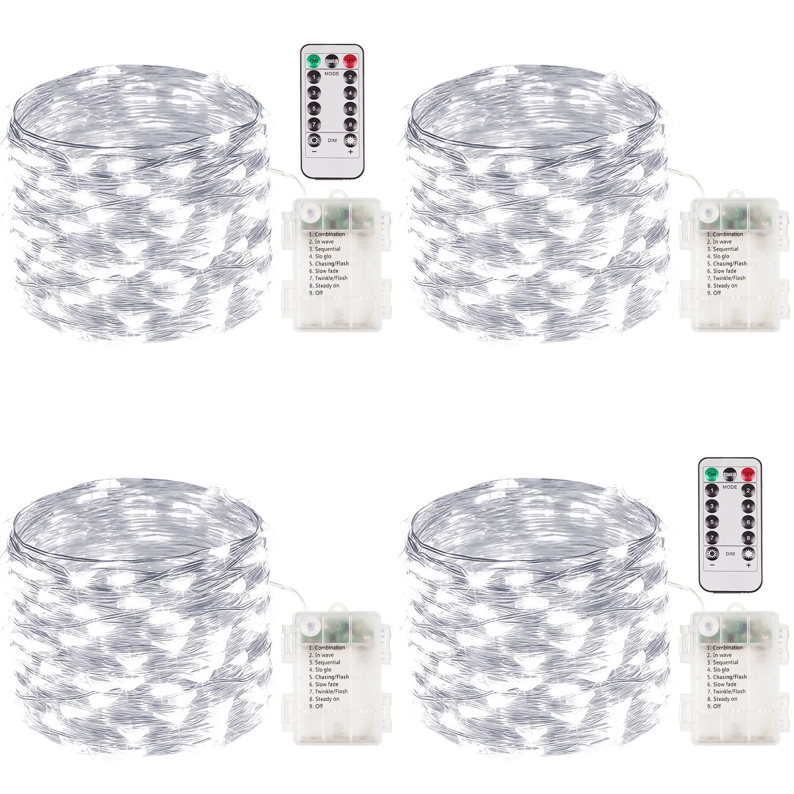 Albelt 4 Pack 100 Led Fairy Lights Battery Operated With Remote, 33Ft Waterproof Twinkle Lights With Timer & 8 Modes, Fairy String Light Outdoor Indoor For Bedroom Classroom Diy Christmas Decor (Cool White)