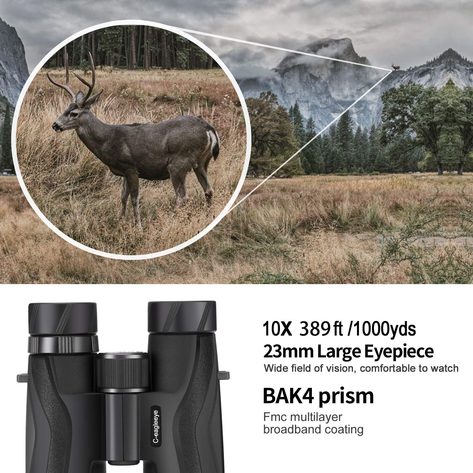 C-Eagleeye Ceagleeye10X42 Binoculars For Adults,Ipx7 Professional Waterproof And Anti-Fog With 23Mm Large Eyepiece Bak4 Lens,Binoculars For Travel Bird Watching Hunting Sports Extra Bag,Strap,Phone Adapter,Black
