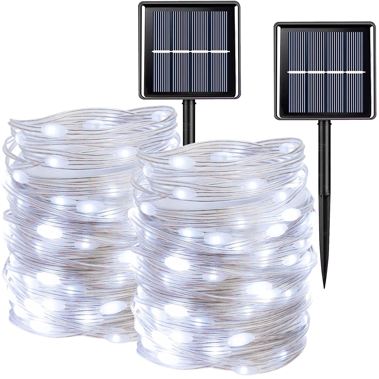 Qitong 2 Pack Pvc Solar Fairy Lights, Each 33Ft 100 Led String Lights Outdoor Waterproof, 8 Modes White Solar Lights