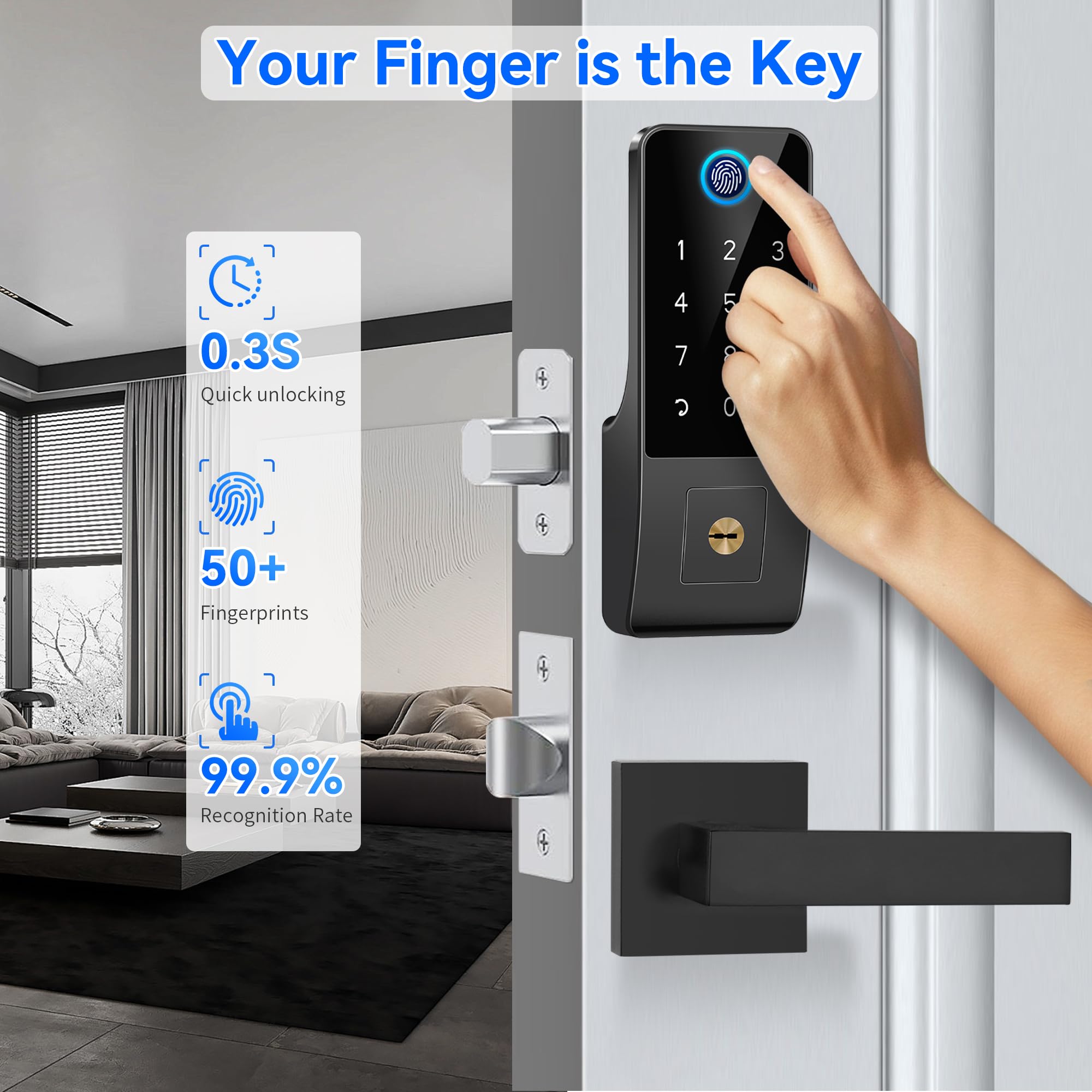 Yosimika Smart Fingerprint Digital Door Lock - Keypad Lock And 2-Lever Handle Set,Keyless Entry Deadbolt For Front Door, App & Voice Control, Auto-Lock, Anti-Peep,Matte Black