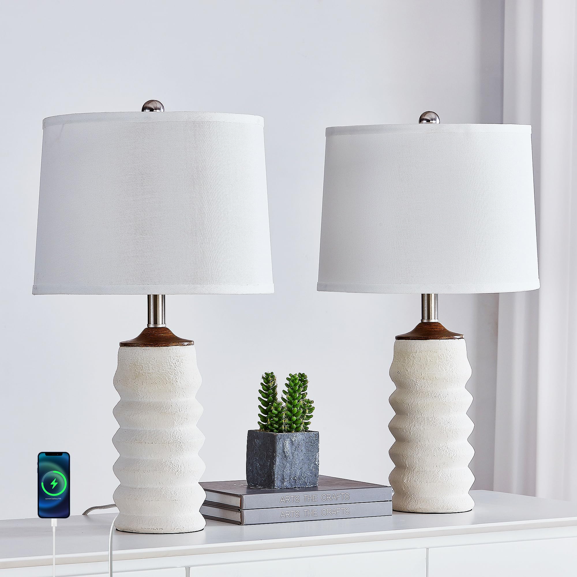 Hightry Set Of 2 White Table Lamps For Living Room, 23" Farmhouse Resin Bedside Lamps With Usb Port, 3 Way Dimmable Bedroom Table Lamps With White Shade For Living Room, Office