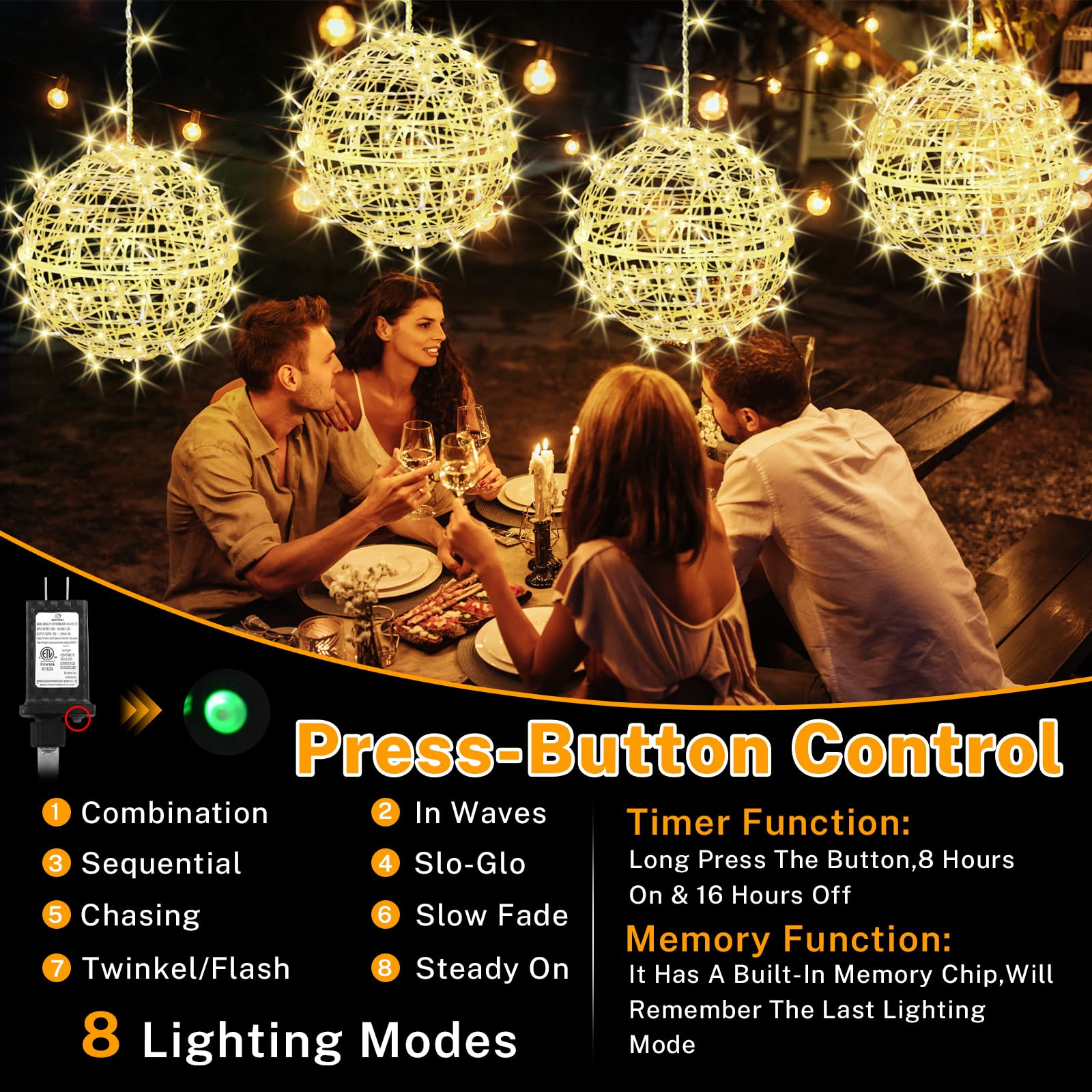 Jnoec Outdoor Balls Lights Hanging Tree Garden Lights - 4 Pack 11.8" Sphere Lights With Plug In Globe Lights Trees Garden Lights For Party Wedding Yard Garden Porch Patio Decoration(Warm White)