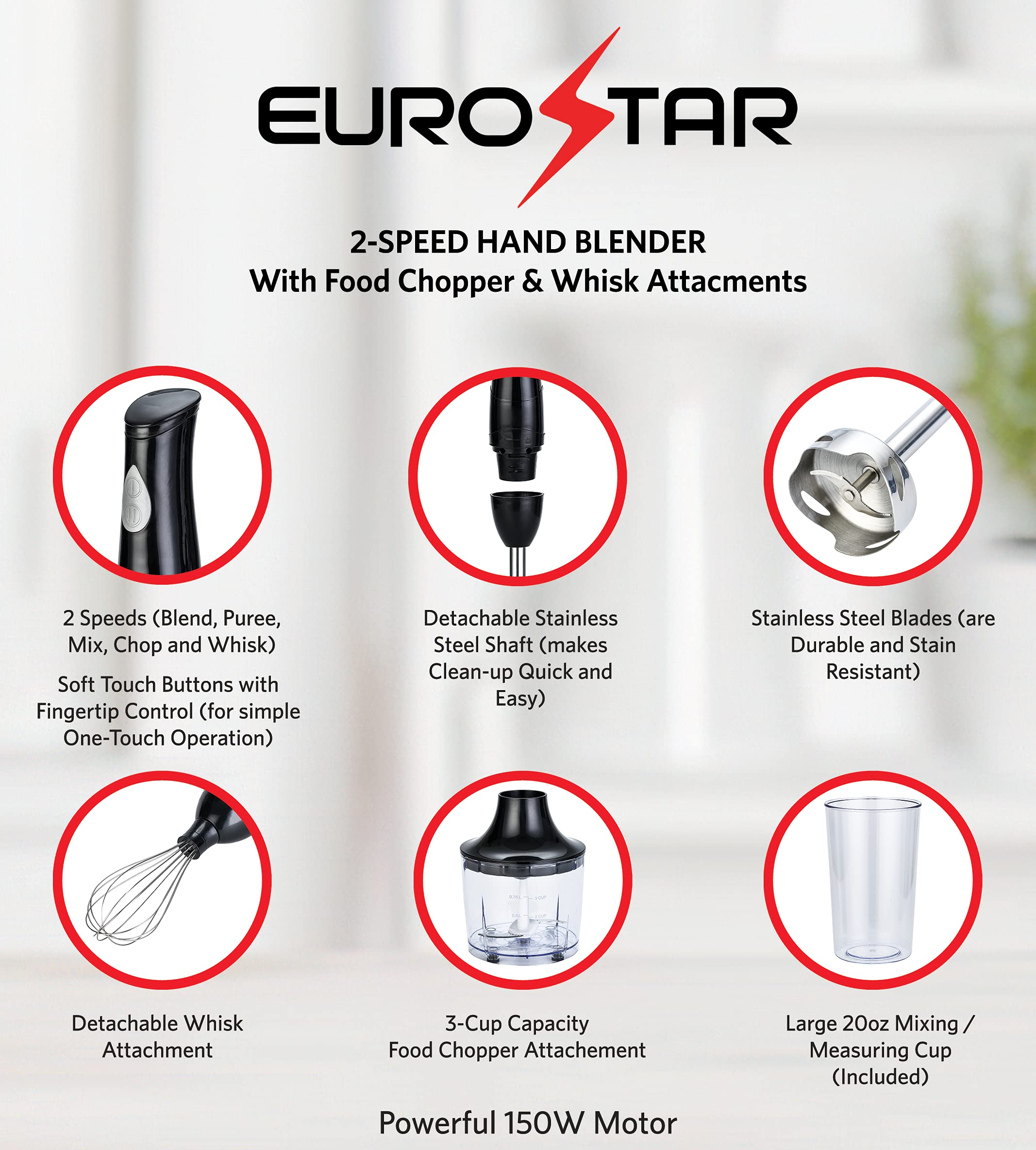 Eurostar Eh4800Bx 2-Speed Hand Blender With Food Chopper & Whisk Attachments, Black