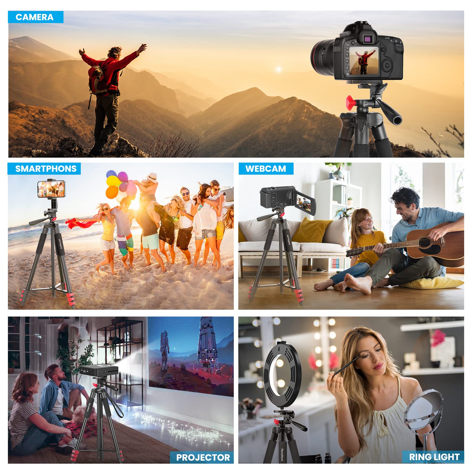 Novonost 65" Phone Tripod Stand, Tripod For Iphone & Camera With Wireless Remote & Cellphone Holder For Video Recording/Selfies/Live Stream/Vlogging (Included Carry Bag)