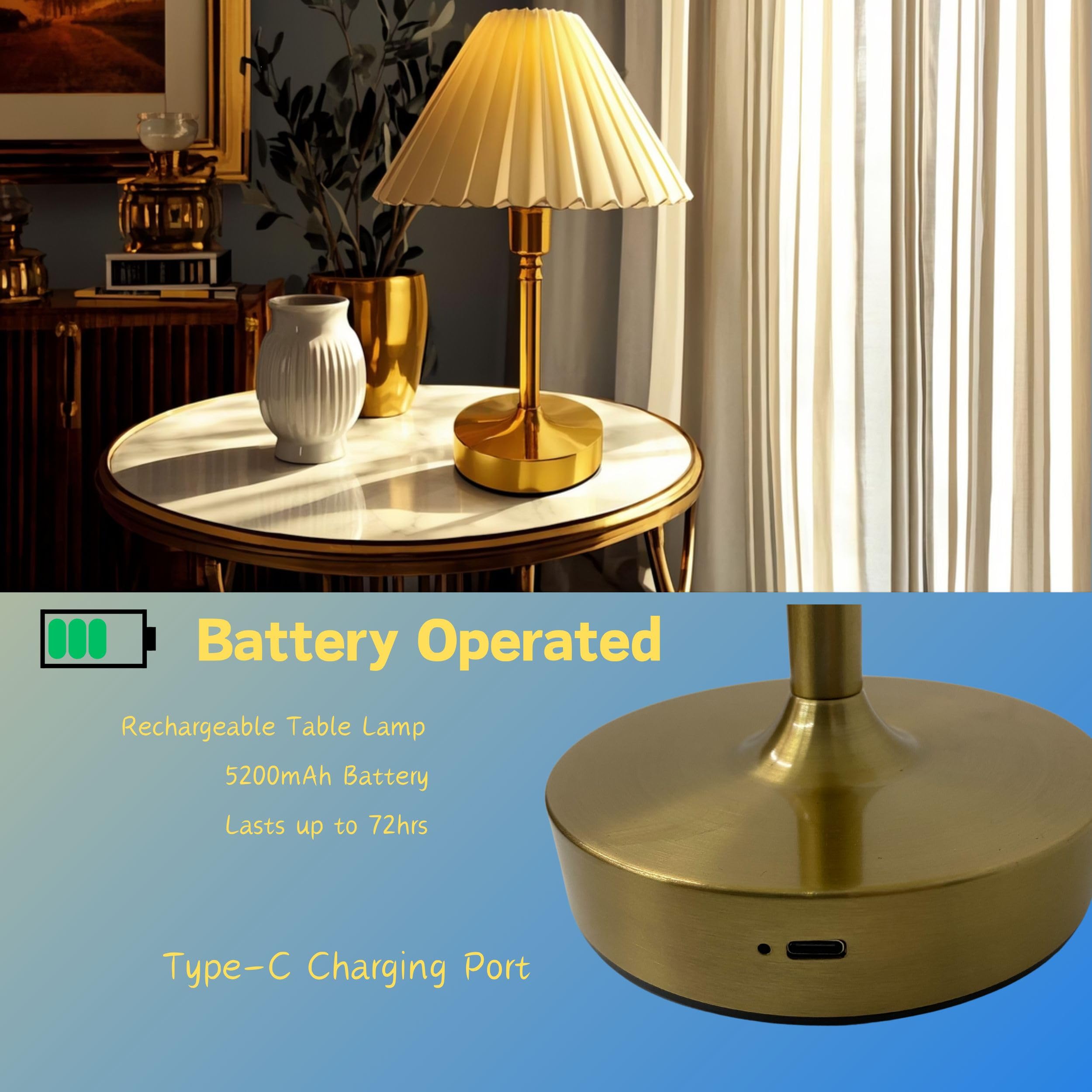 Wibota Small Pleated Table Lamp - Cordless, Touch Control, Ideal For Bedroom And Living Room Decoration