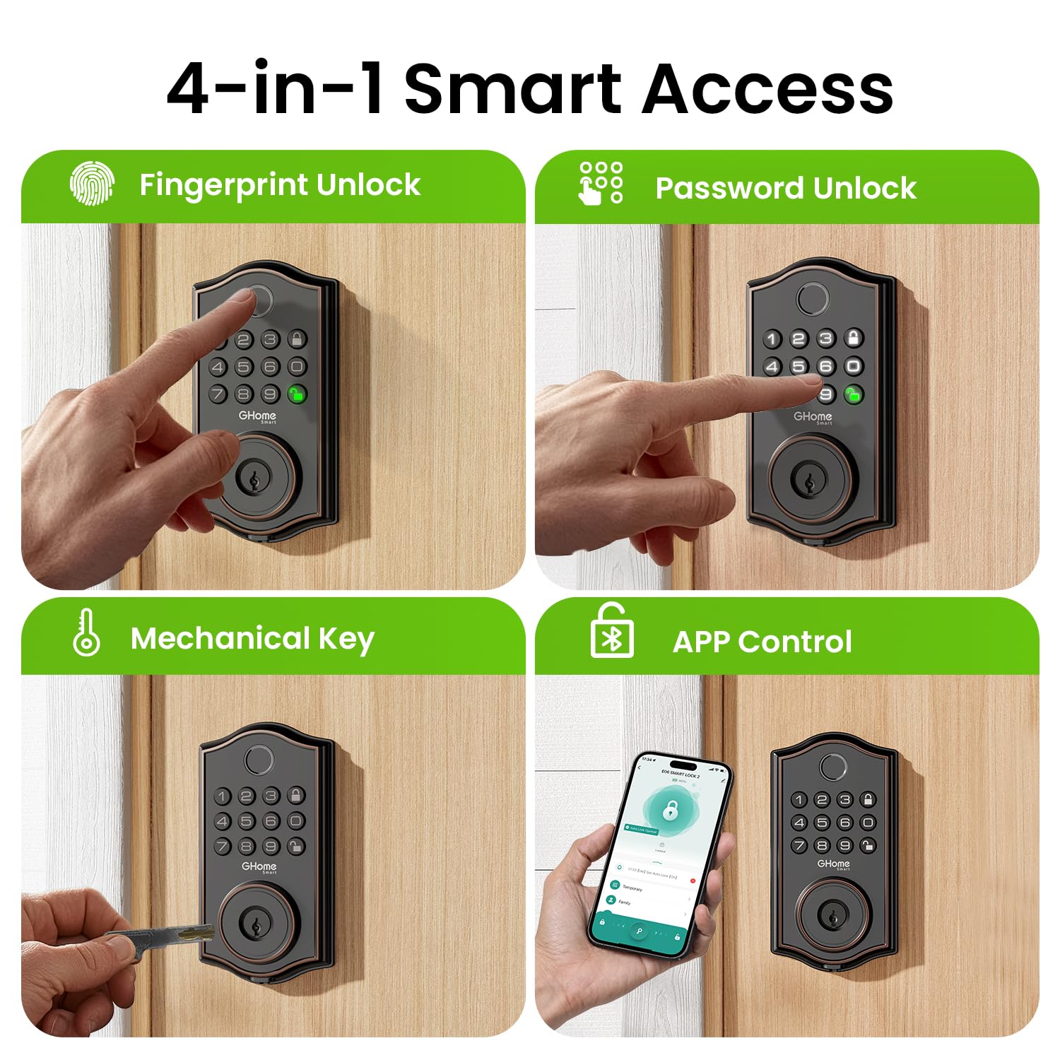 Ghome Smart Deadbolt Lock For Front Door – Fingerprint, App, Keypad & Key Entry, Auto-Lock, Easy Install  Keyless Entry Security For Home/Apartment/Hotel/Garage (Black)