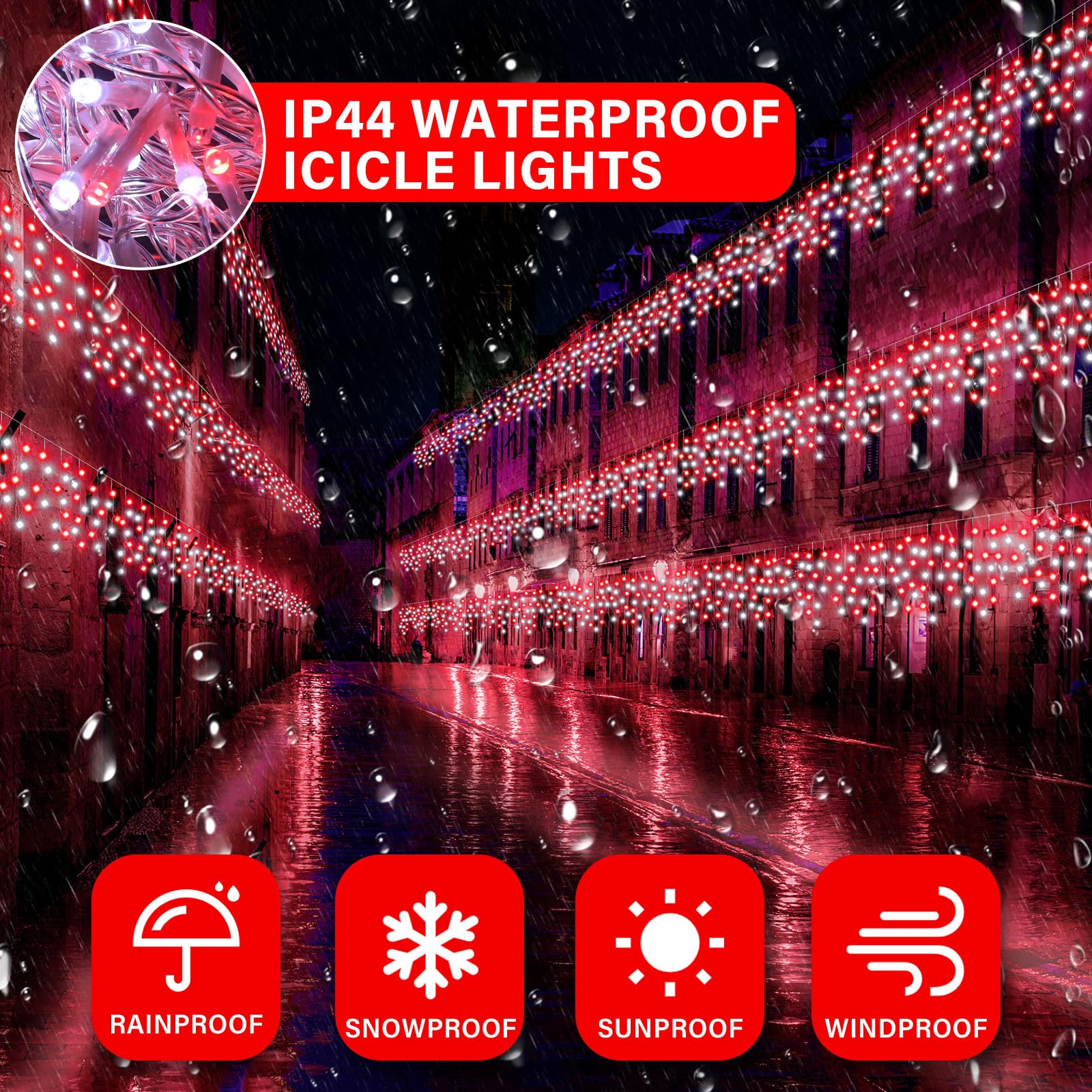 Retisee 65Ft Solar Icicle Light For Wedding Outdoor Waterproof Lamp Outside 600 Led Mother'S Day Solar Icicle String Light For Easter Outside Indoor Yard Porch Hanging Decor(White, Red)