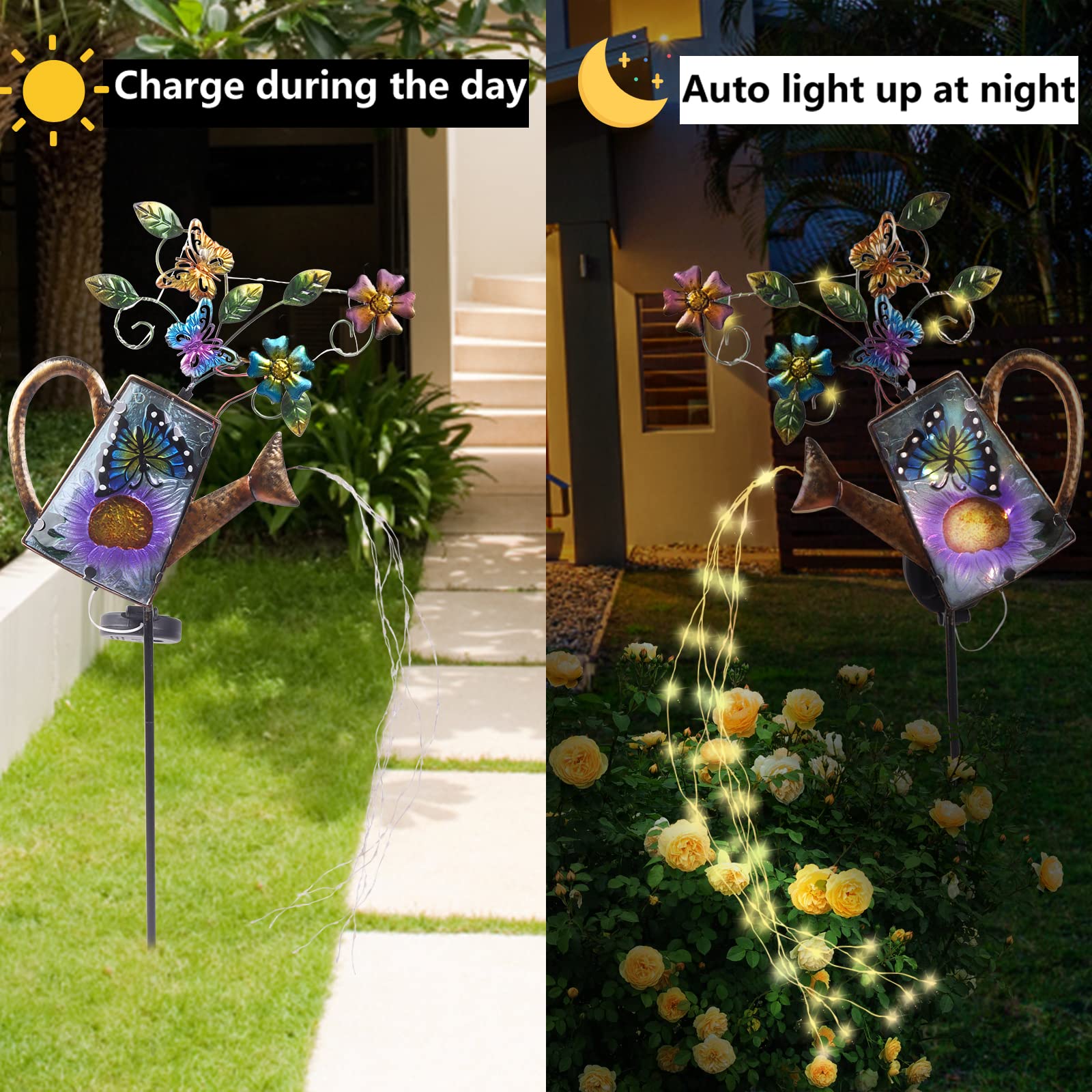 Larekook Solar Outdoor Watering Can Lights-Butterfly Decorative Path Lights, Metal Glass Solar Powered Garden Waterfall Decor Ornament For Yard Lighting Outside